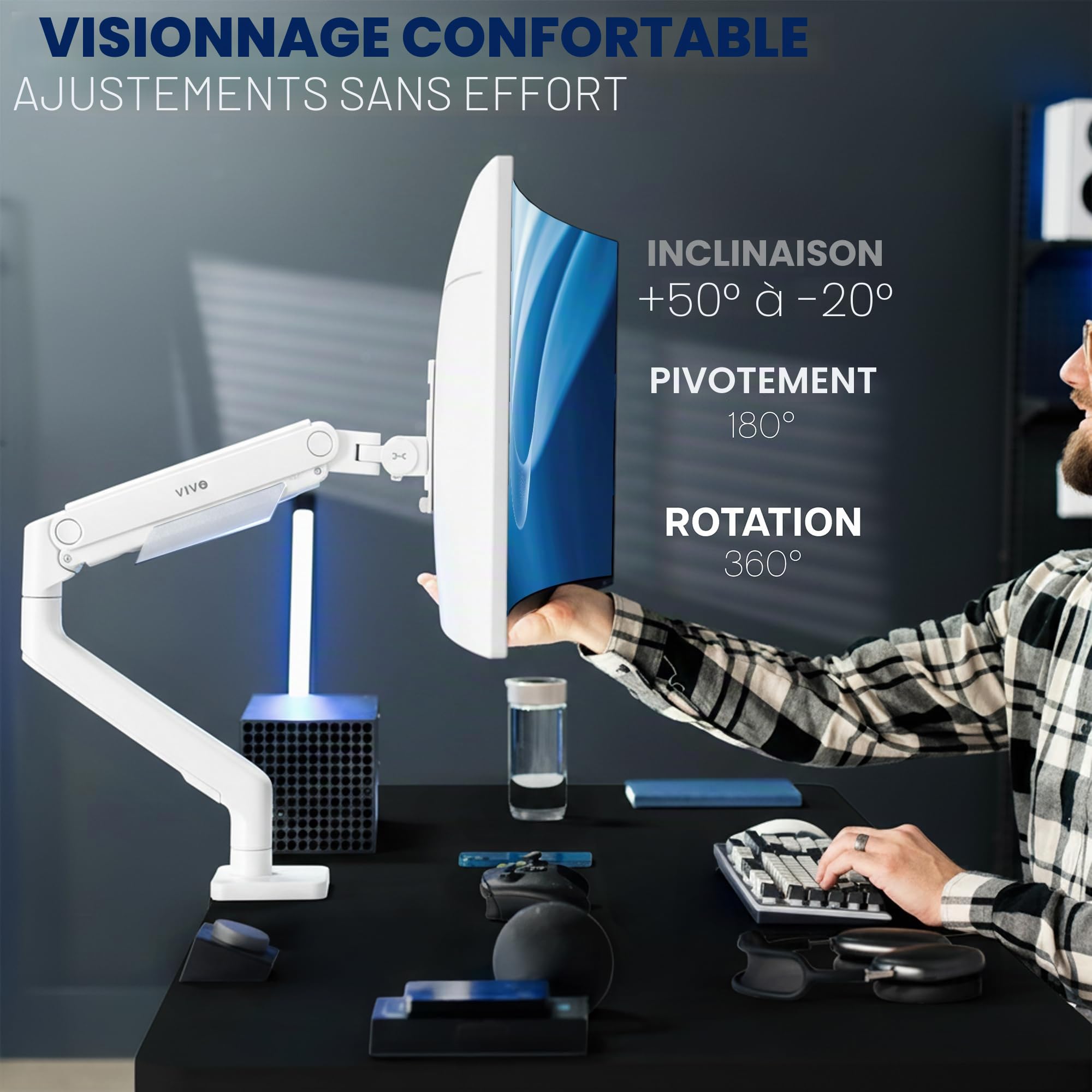 Vivo Support Écran PC Premium, Bras de Moniteur Articulé à Ressort Robuste pour Écrans jusqu'à 49 Pouces, Blanc, STAND-V101VW