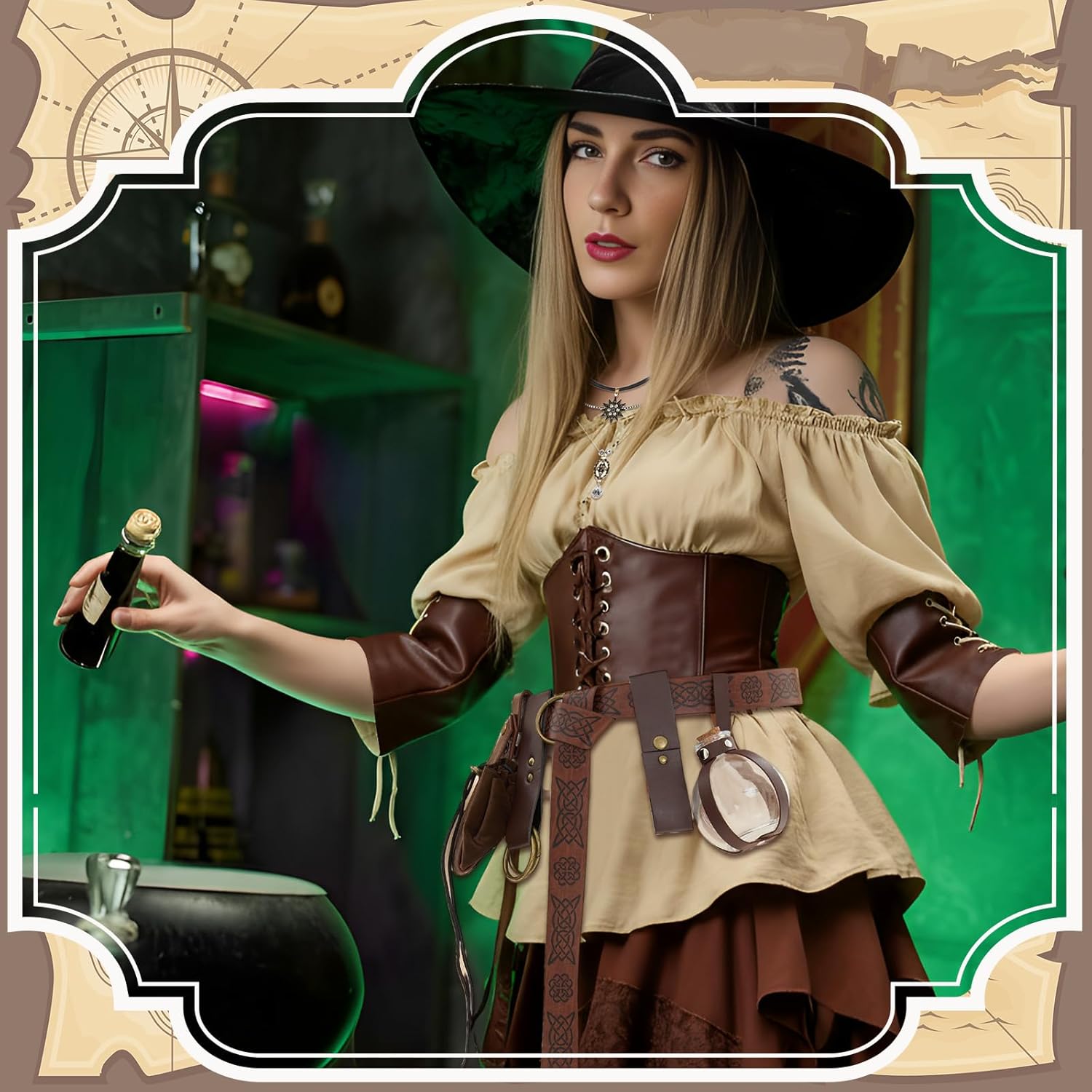 Geyoga Women Pirate Costume Set with Renaissance Pirate Shirt Dress Corset Waist Belt Potion Bottle Halloween Medieval Outfit - Image 4