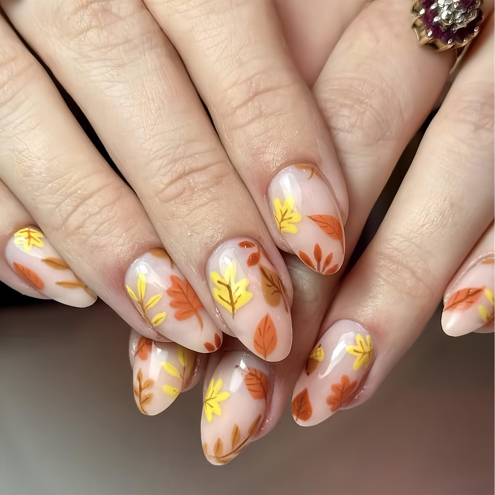 Fall Press On Nails Almond Medium, Fall Maple Leaf Fake Nails, Autumn Thanksgiving Nail Accessories Stick On Nails for Women Girls 24pcs