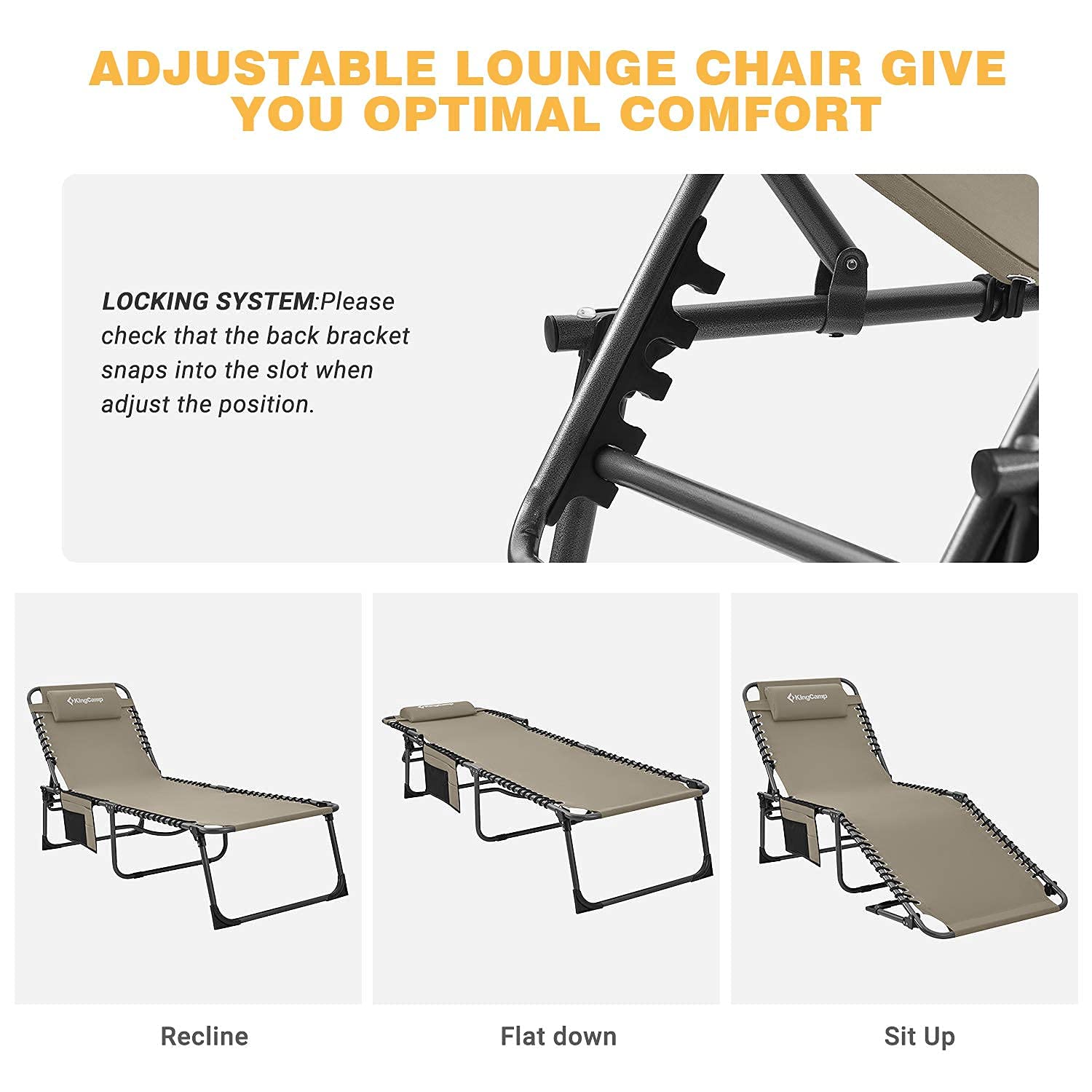 KingCamp 4Fold Outdoor Folding Chaise Lounge Chair for Beach