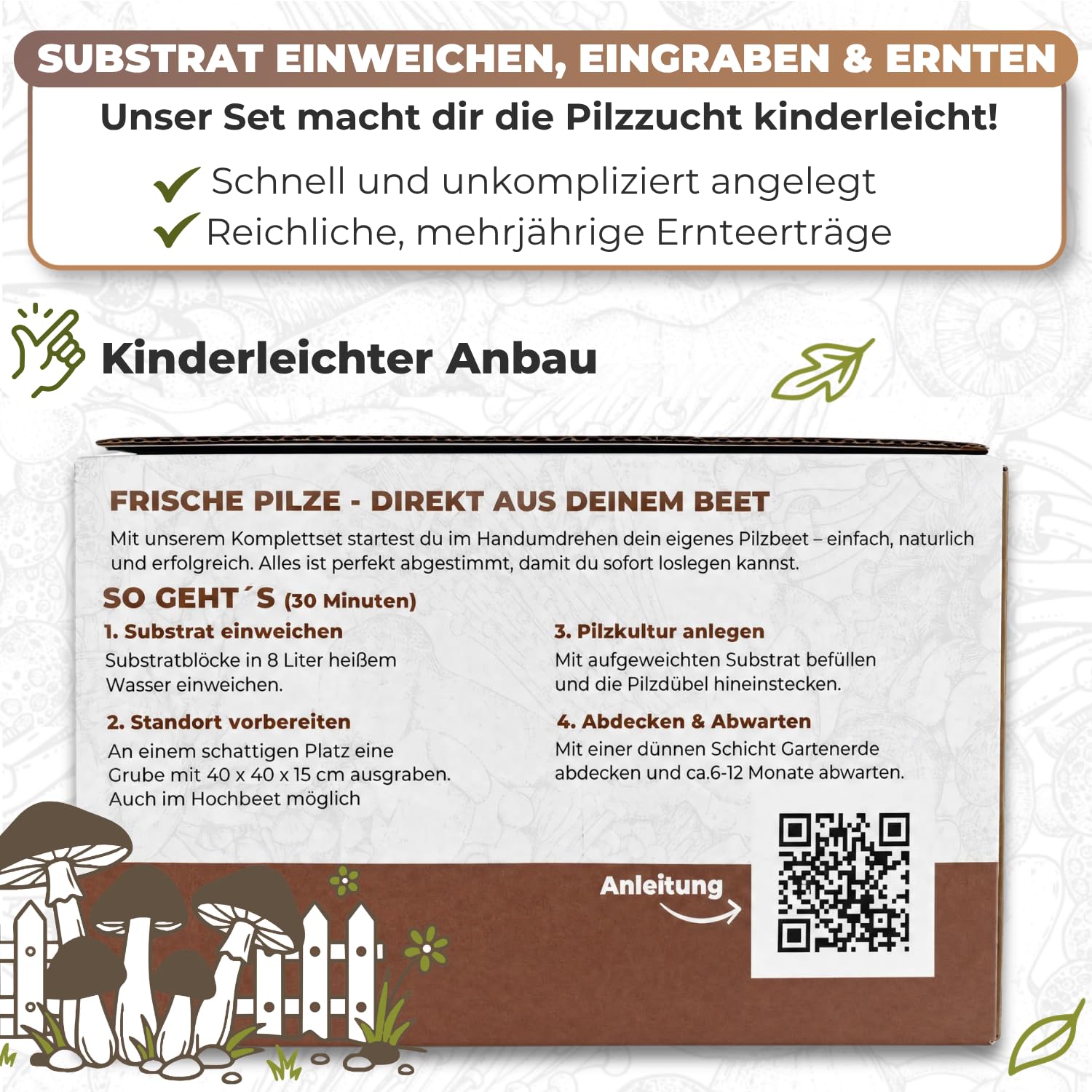 Hawlik Pilzbrut - Braunkappe Pilzbeet-Set für den Garten - In 30 Minuten angelegt - Mehrjährig frische Pilze ernten - Kinderleicht Pilze züchten Set - Verwandle ungenutzten Gartenboden in Speisepilze