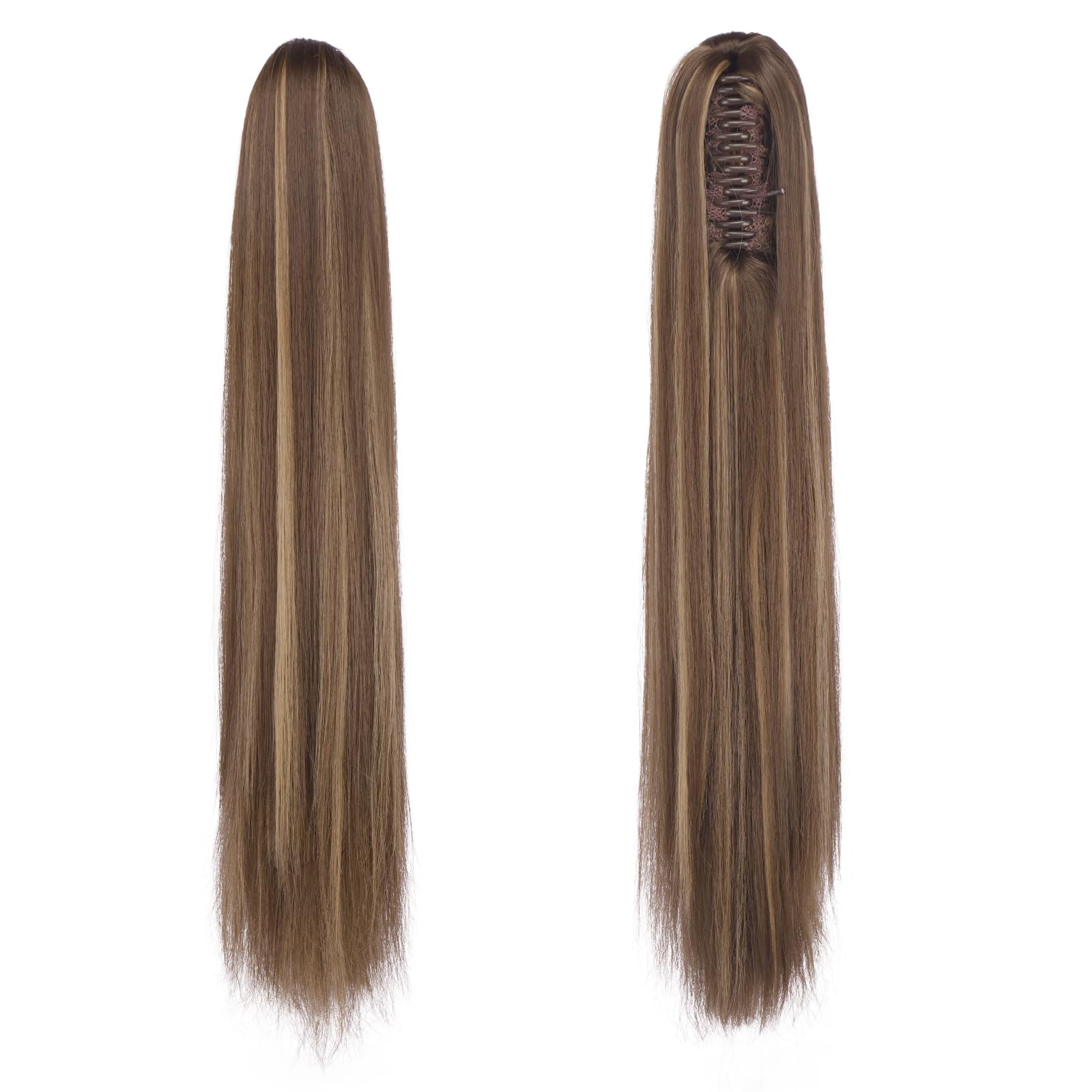 FESHFEN Langer Pferdeschwanz Haarteil - Glatte Zopf Extensions mit Klammer Synthetik Haarverlängerung Claw Clip in Ponytail Haare Extension für Damen, 63 cm Honigblond Gemischt Mit Hellbraun
