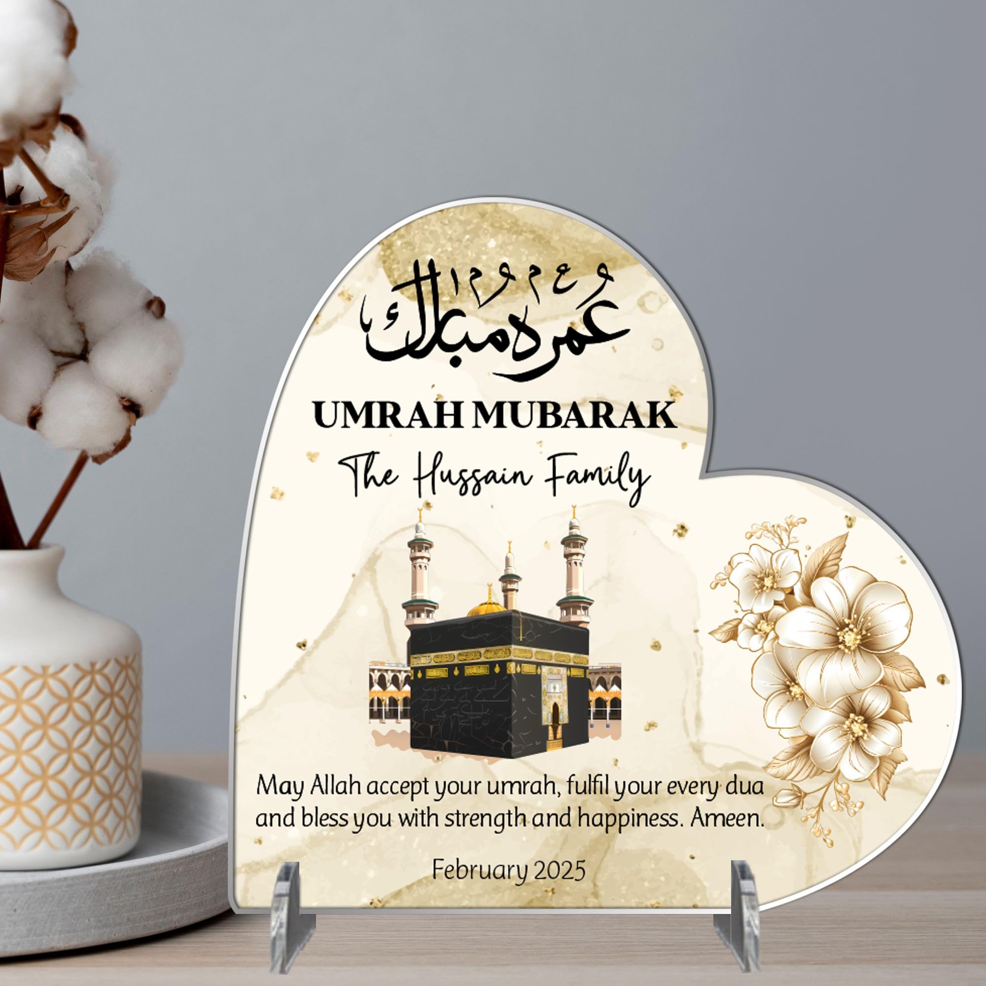 Heart Plaque Personalised Umrah Mubarak Heart Plaque for Families – Sentimental Islamic Gift for Pilgrims – Custom Arabic Names & Date Keepsake (Gold, Acrylic - Small - 85mm x 80mm)