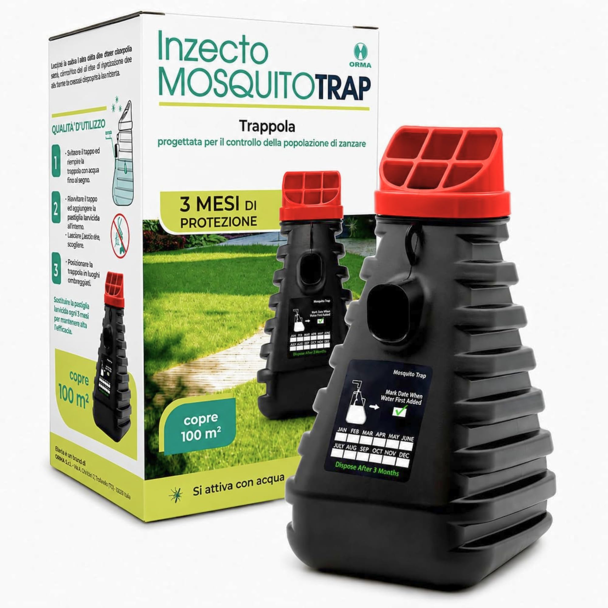MOSQUITO TRAP | 1 PZ Trappola Zanzare Esterno Efficace 3 Mesi - Larvicida e Adulticida con Tecnologia a Rilascio Lento - Copertura 100mq - Esca Organica Inclusa - Antizanzare Prodotto