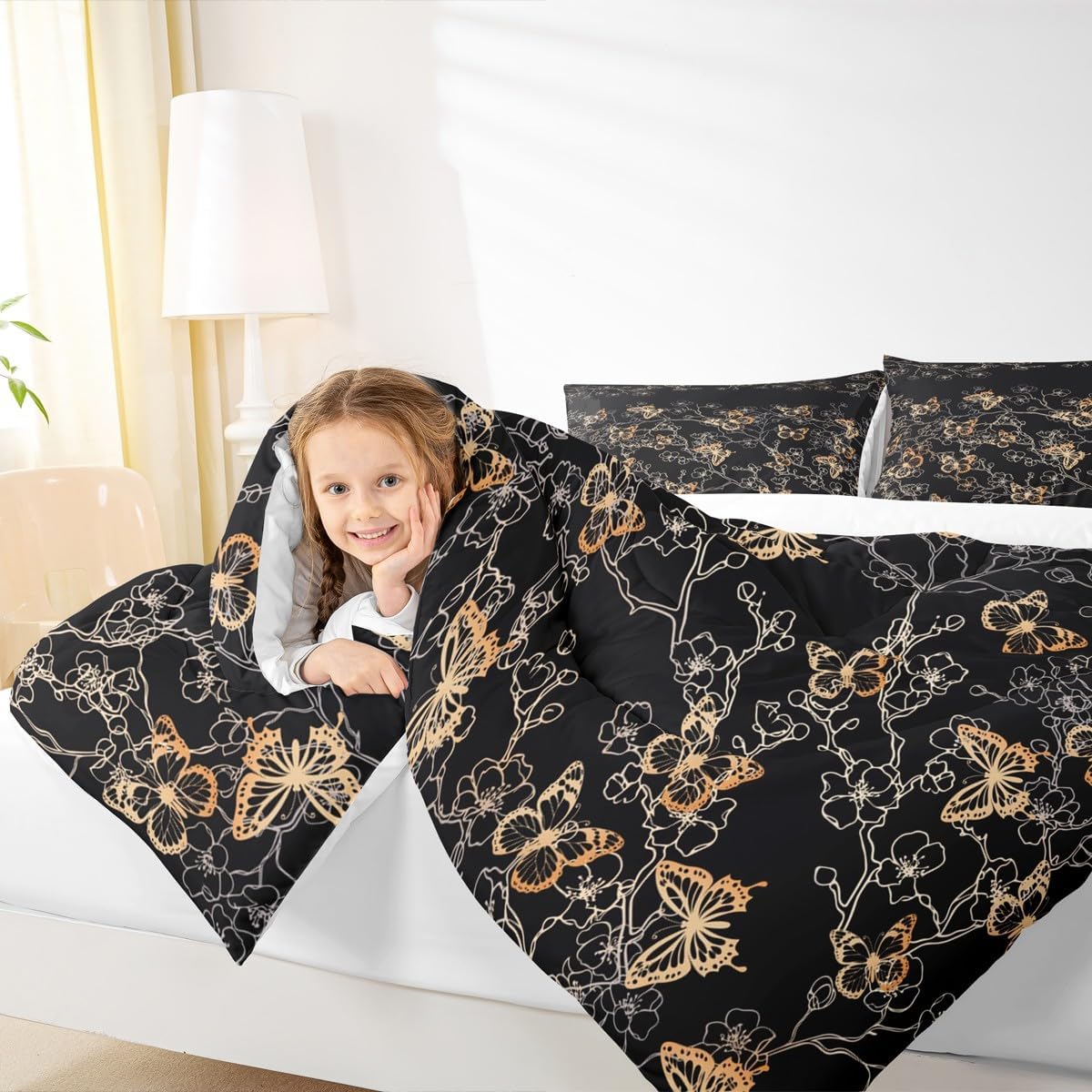 Feelyou Girls Butterfly Comforter Set Queen Size Cherry Blossom Bedding Set for Kids Boys Gold Beautiful Butterflies Duvet Quilt Bedroom Decor 3 Pcs with 2 Pillow Cases