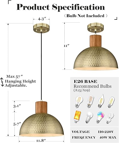 Miniatura 4 de ELYONA Paquete de 2 luces colgantes martilladas de 12 pulgadas, lámpara colgante de cúpula de metal y madera vintage, oro antiguo, lámparas