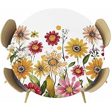 Elastic Fitted Round Table Covers Red Yellow Flowers Waterproof Tablecloths Pink Purple Floral Outdoor Table Cover for Party Picnic/Patio/Dining Table Cloth45-54