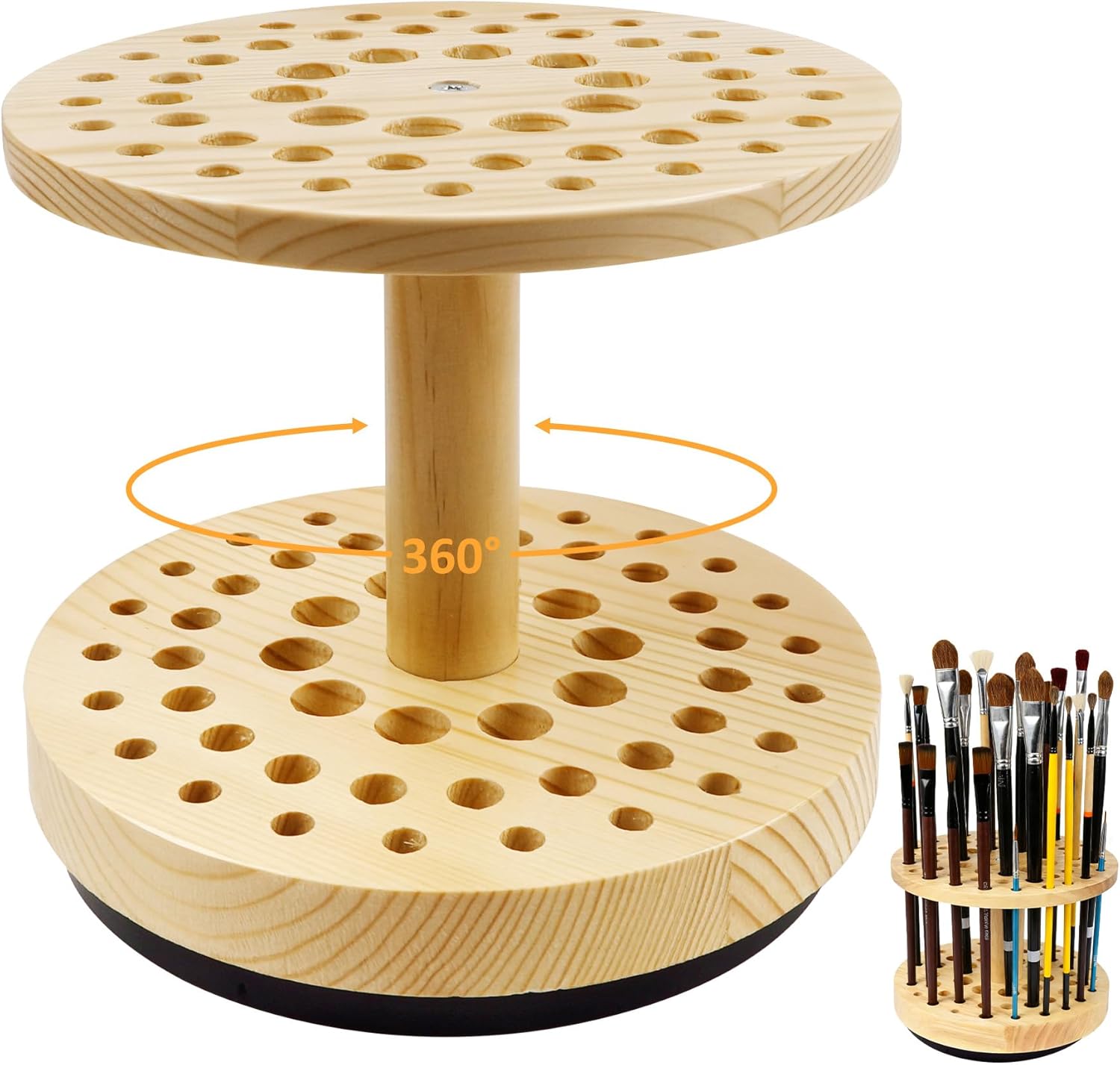 52-Hole Rotating Paint Brush Holder, 360° Spinning Wooden Paint Brush Organizer, Large Capacity Paint Brush Organizer for Watercolor, Acrylic, Calligraphy
