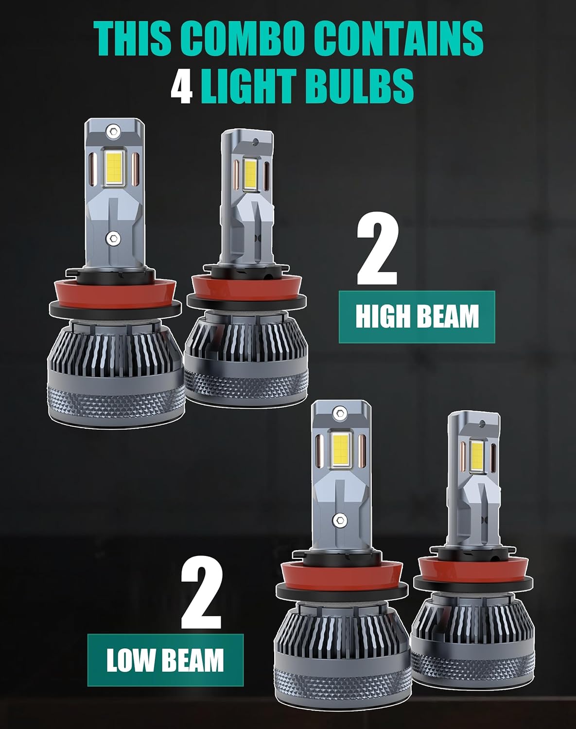 LED Bulbs Combo Compatible with Toyota Tacoma 2016 2017 2018 2019 2020 2021 2022 2023, H11 High Beam H11 Low Beam, 70W 30000Lm 6500K Cool White, 2 Thermally Conductive Copper Tubes, 4-Pack