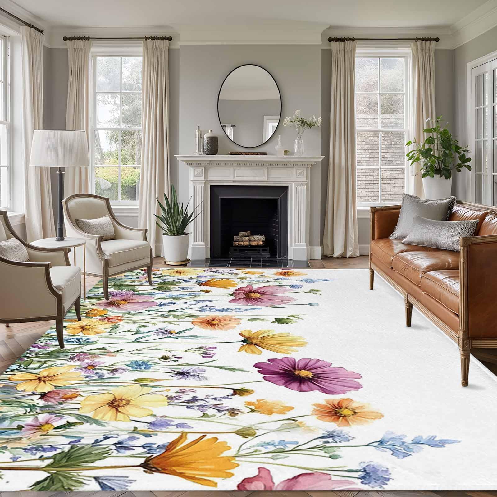 Large Area Rug 6'x9', Colorful Floral Non-slip Runner Carpet for Living Room/Bedroom/Office, Country Spring Botanical Flowers Herbs Outdoor Indoor Rectangle Area Rugs Floor Mat for Kitchen/Dining Room