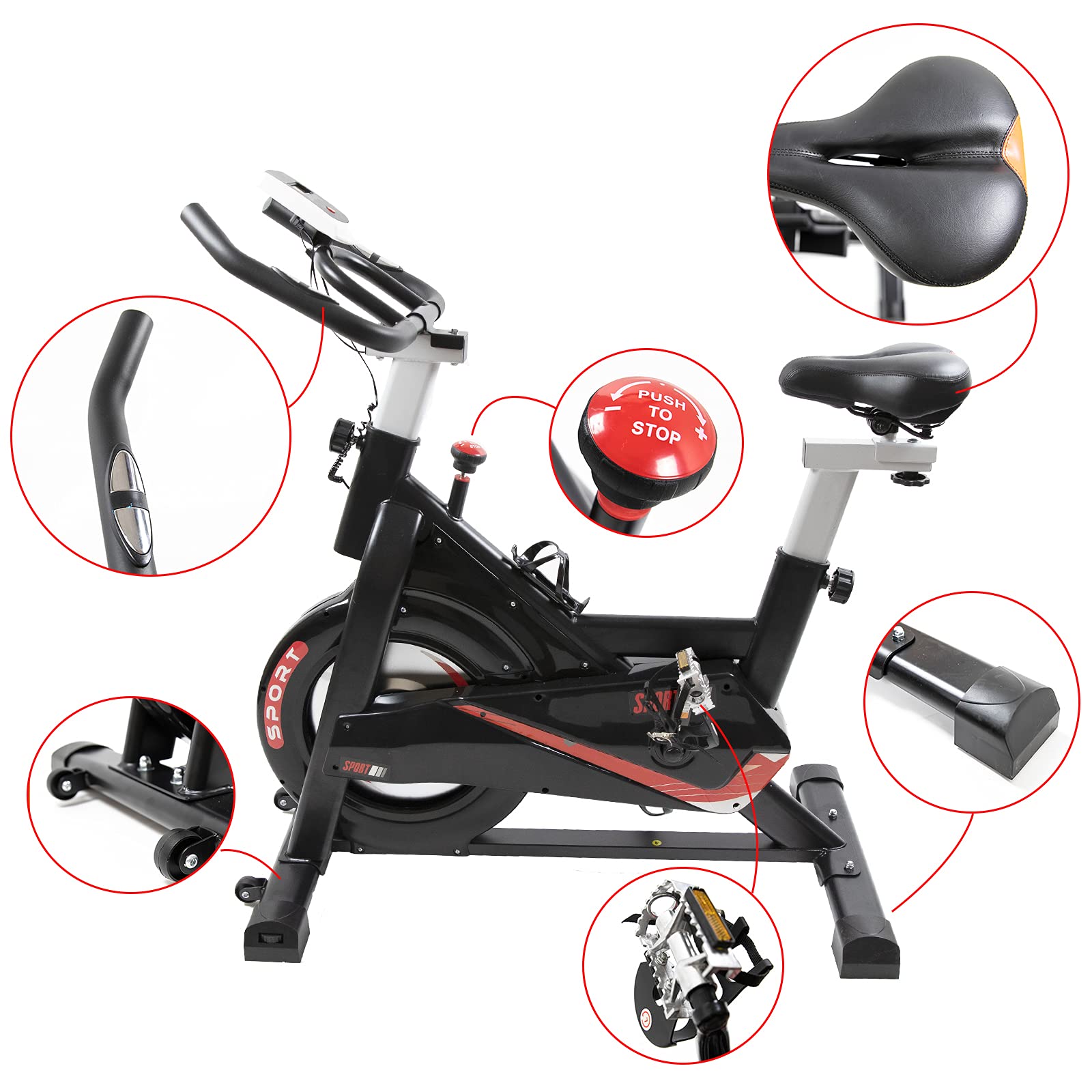 PUCHIKA Rower treningowy do użytku wewnątrz i na zewnątrz, rower spinningowy, Speedbike, z regulowaną kierownicą, wyświetlaczem LCD z miernikiem tętna, 10 kg koło zamachowe, waga użytkownika do 120 kg, czarny i czerwony.