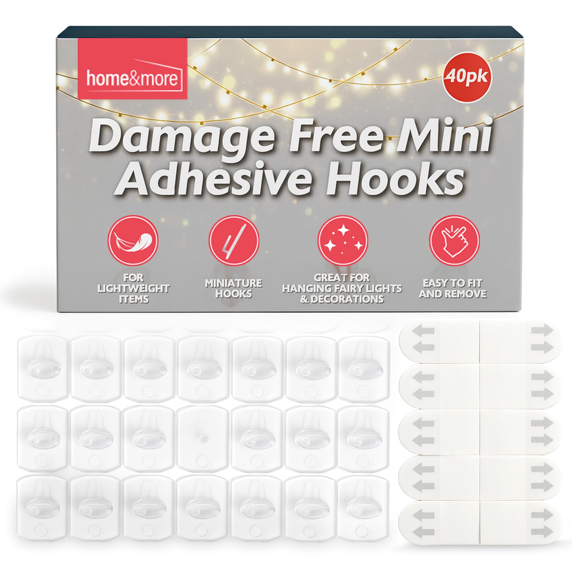 SOL 40pk Damage Free Mini Adhesive Hooks Self-Stick Wall Clips for Hanging Keys, Fairy Lights, Cables & Small Items Removable Mounting Solution for Home, Office, Kitchen & Dorm Use