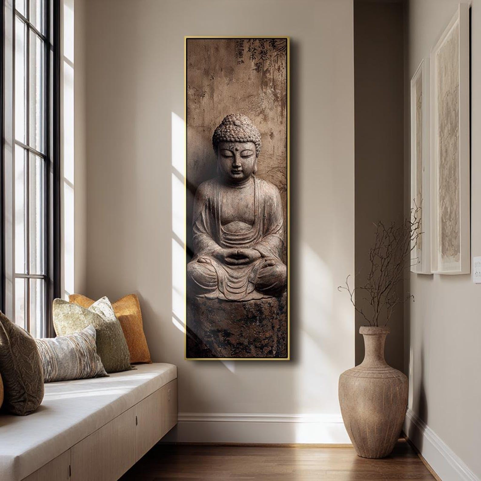 XINBAO Quadro su tela per studio di yoga, arte da parete alta e stretta per la meditazione, decorazione murale zen, pezzo d'effetto slanciato, dipinto di Buddha (60x180 cm/cornice interna)