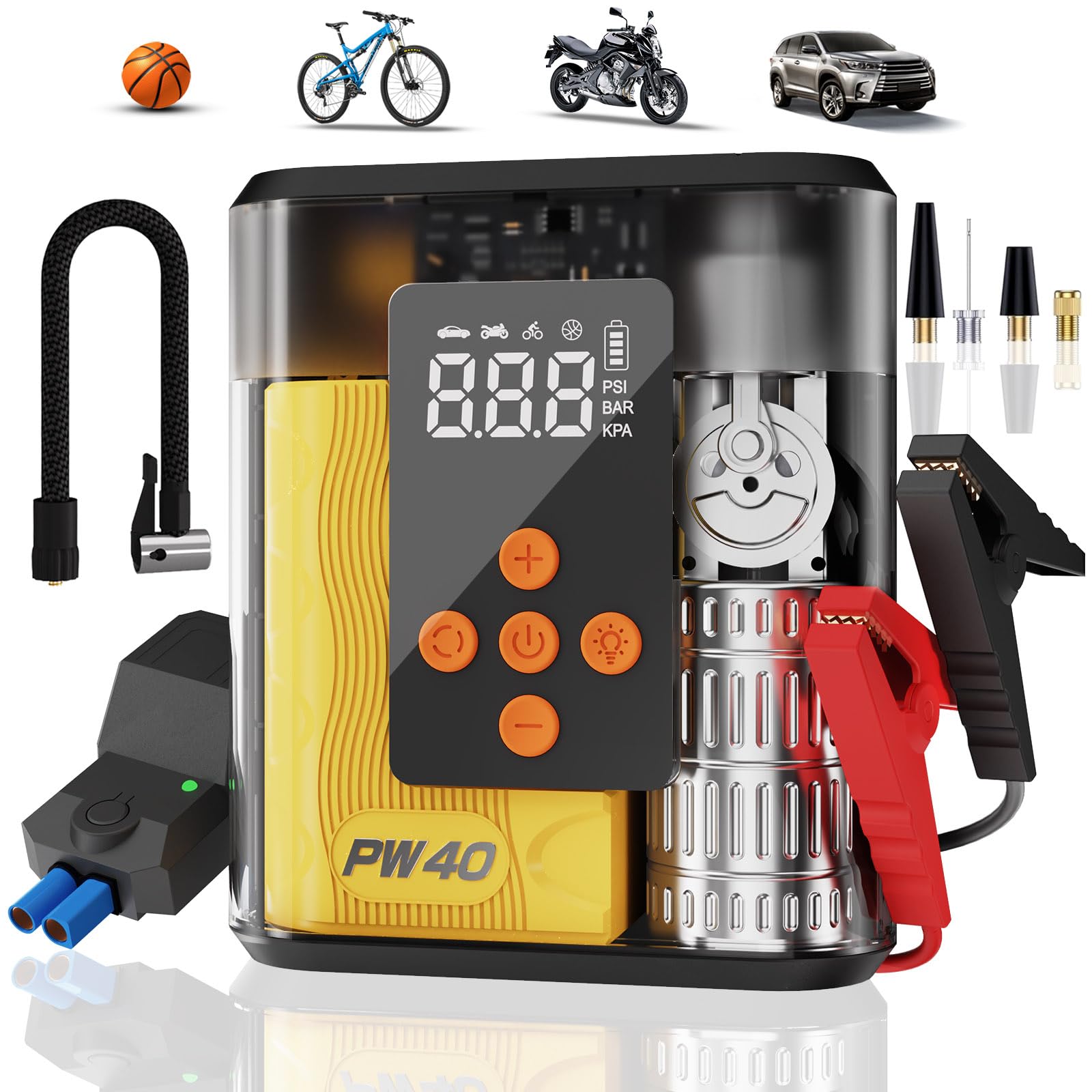 Jump Starter with Air Compressor 4000A Peak Car Battery Charger 200 PSI Tire Inflator Heavy Duty Power Pack