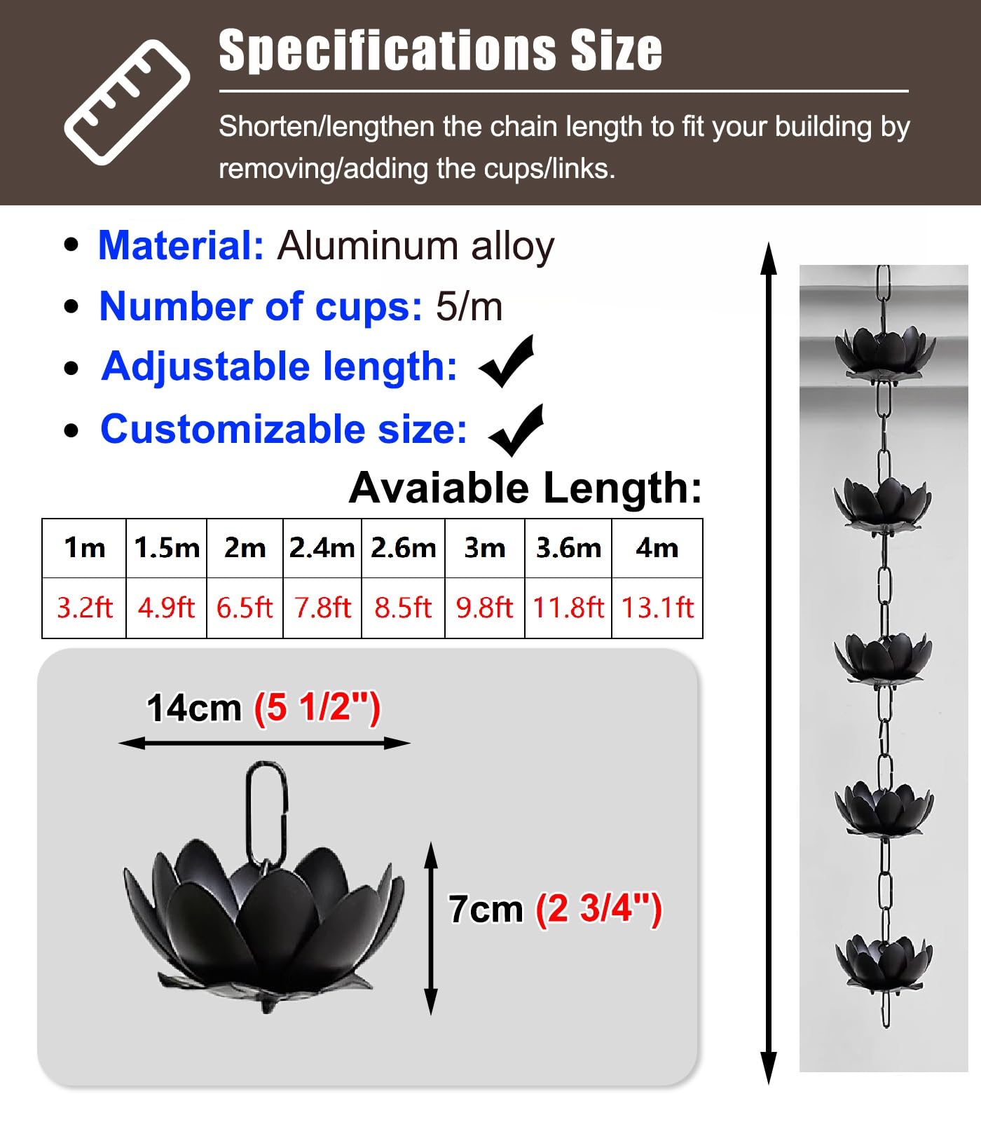 Lotus-Regenkette Aus Aluminium - 2,6m Japanischer Regenfänger Für Dachrinnen & Garten
