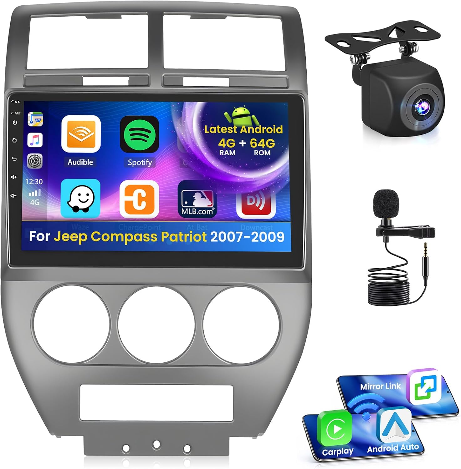 4+64G Radio for Jeep Compass Patriot 2007 2008 2009 Android 15 CarPlay Stereo IPS 10.1" Touchscreen Android Auto Bluetooth 5.0 GPS EQ 13UI Backup Camera