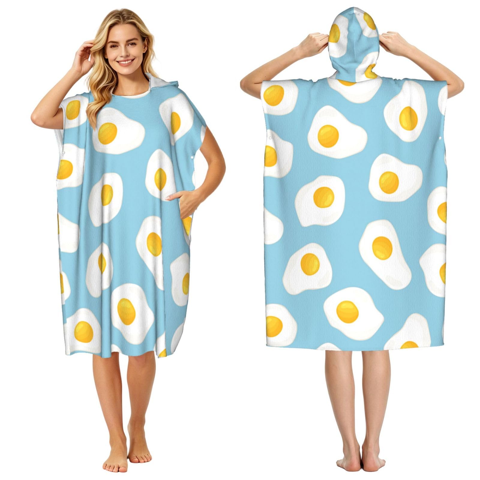 Poadnly Fried Eggs Seamless Pattern, Adult Hooded Beach Towel 90 x 110 cm,Changing Bath Robe, Surf Poncho Towel For Women Men