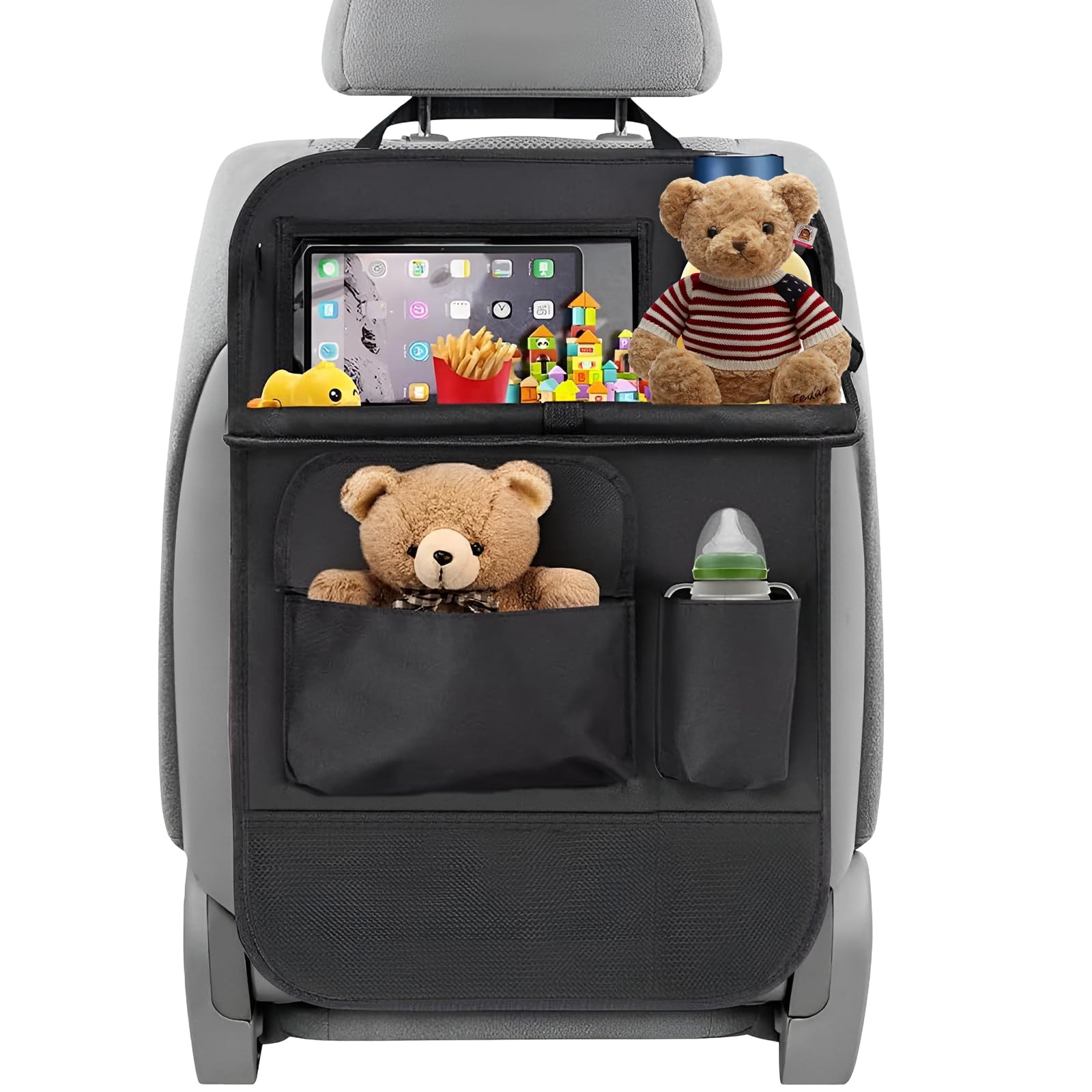 Vaskula Organisateur Voiture Noir Rangement Siege Voiture avec Table Rabattable Nombreuses Poches Protection Siege Voitures Multifonction Étanche pour Enfants Longs Trajets en Voitures