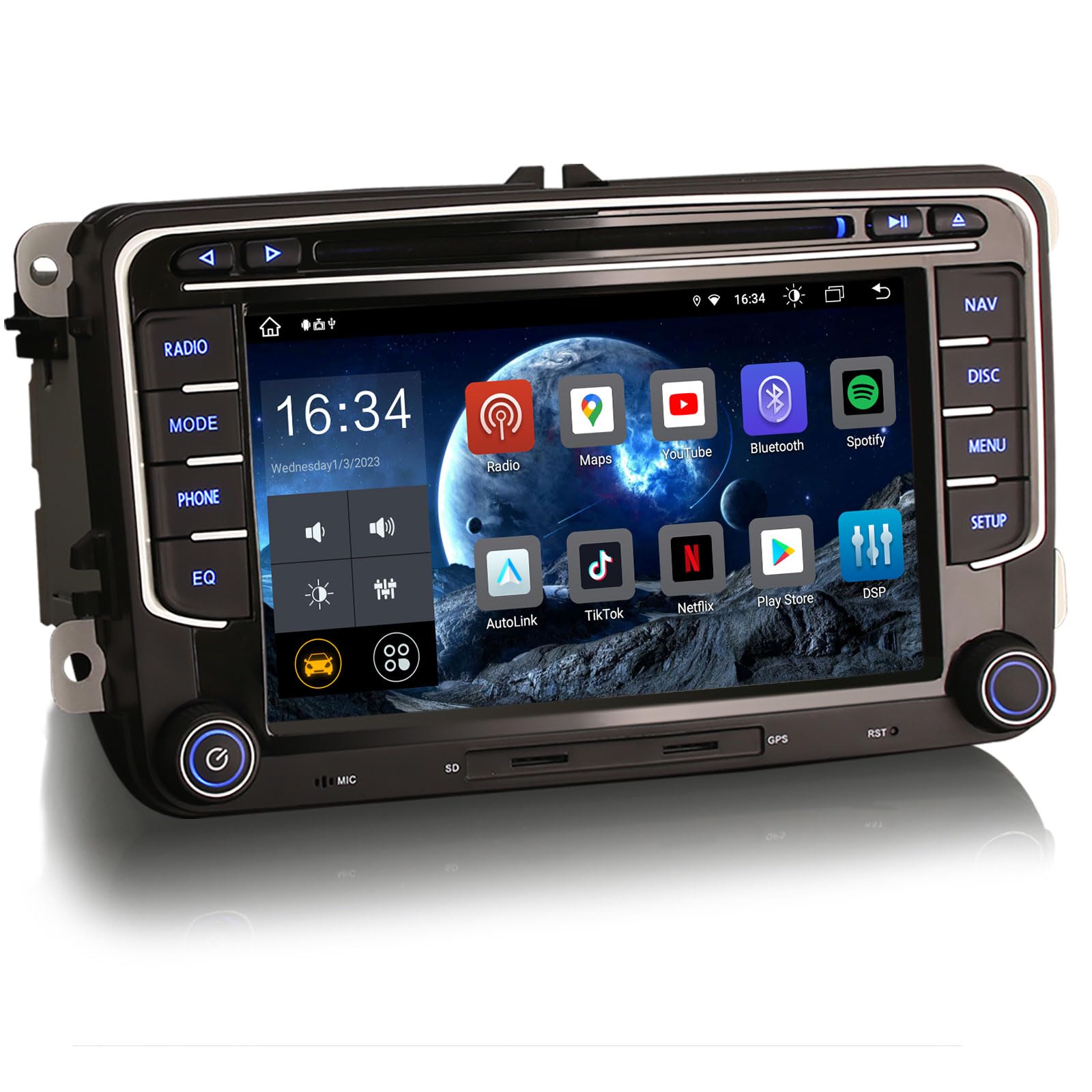 Erisin 7 Zoll 8-Kern 4GB+64GB Android 14 Autoradio Bluetooth mit GPS Navi Für VW Passat B6 Golf 5 Golf 6 T5 Touran Tiguan Polo Jetta Seat Skoda CarPlay Android Auto WiFi DAB+ OBD2 RDS OPS CD DVD USB