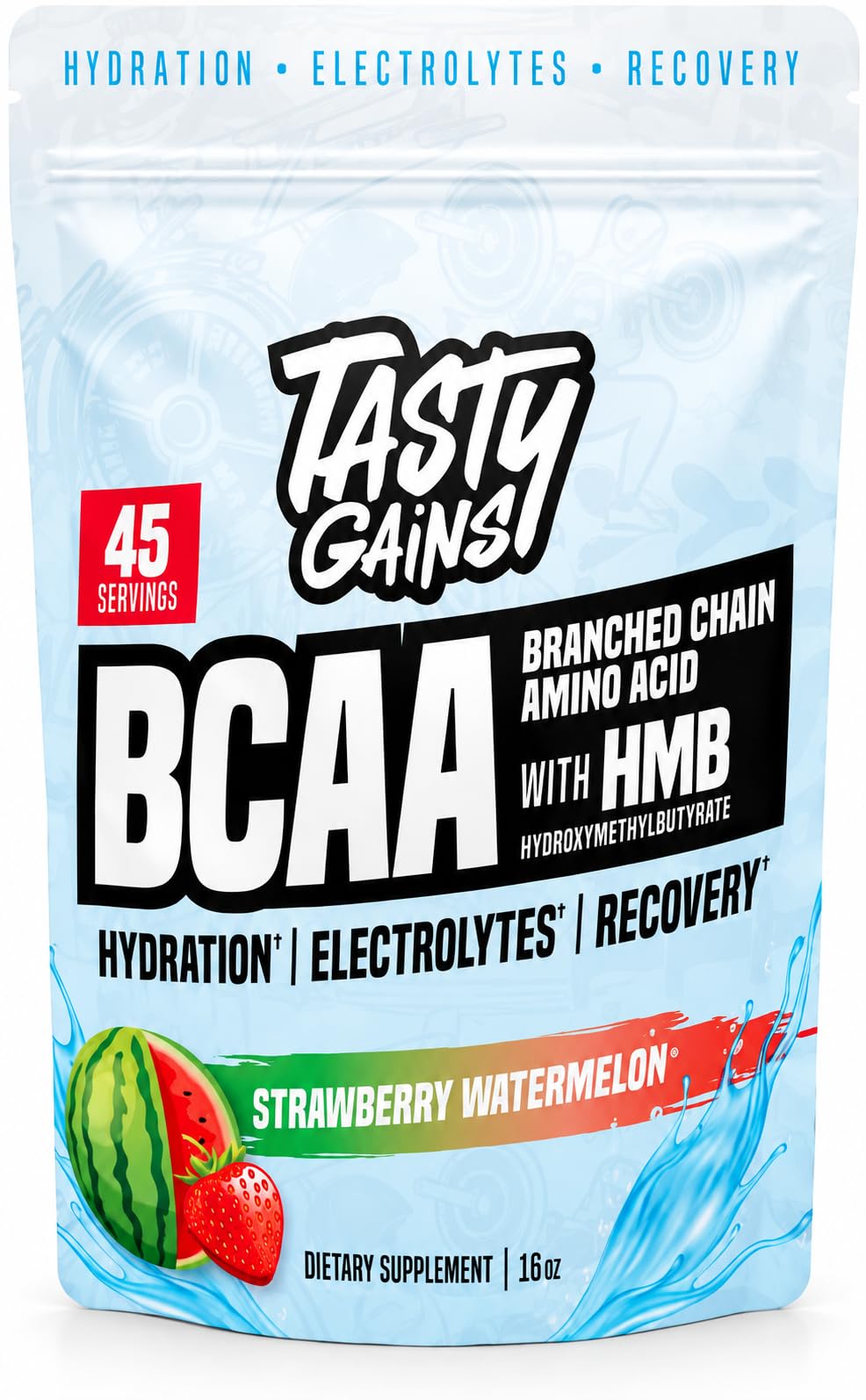 TASTY GAINS BCAA Amino Acid Powder | Amino Energy Powder with Zero Sugar | BCAA & EAA with HMB | Essential Energy with Electrolytes - (45 Servings, Strawberry Watermelon)