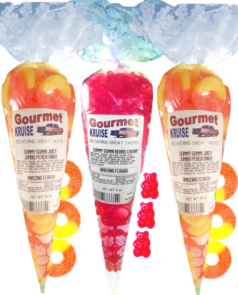 Gummy Rings (2) Jumbo Peach (1) Red Wild Cherry Gummi