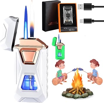 Upgraded Voice-Activated Dual Flame Lighter Butane Not Included | USB Rechargeable Windproof Refillable with Visible Window White