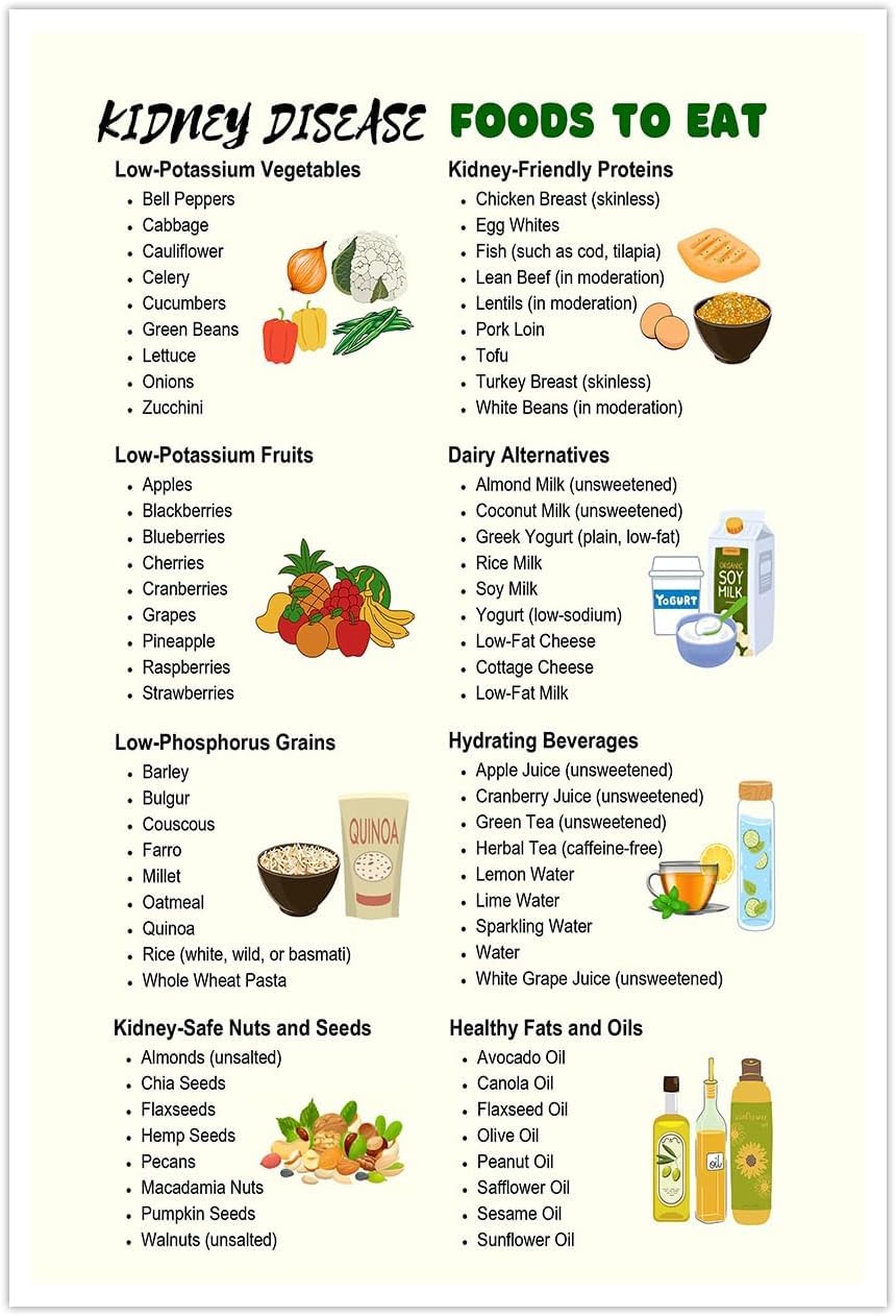 Pivjhf Educational Posters Kidney Friendly Food List Poster, Low Potassium Diet Metal Tin Sign Wall Art, Health Food Chart List, Low Oxalate Picture, Health Lovers Print Artwork For Kitchen Dining Room 8X12 Inch