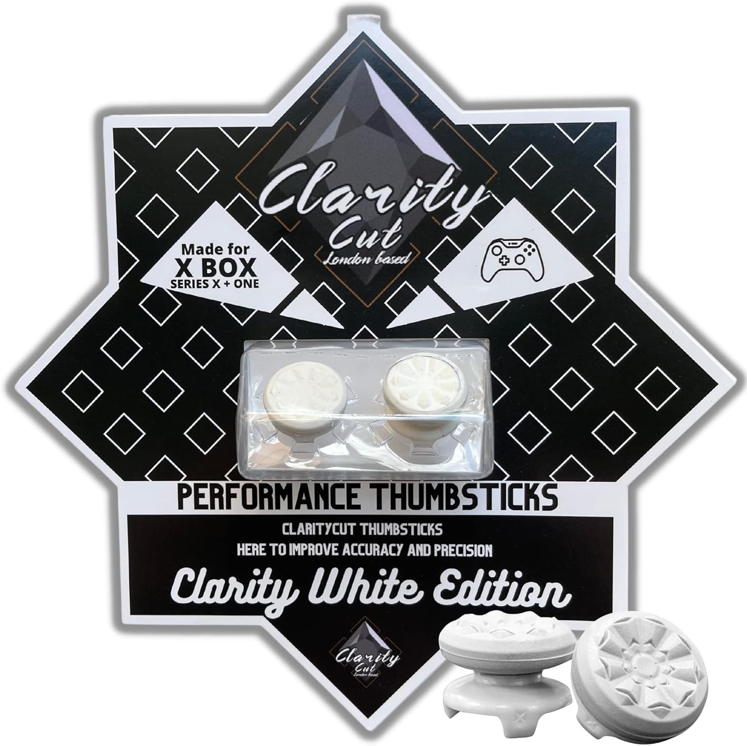 CLARITY CUT | WHITE EDITION | Thumb Grips Compatible for Xbox One and Xbox Series X | 1 High-Rise, 1 Mid-Rise | White Edition