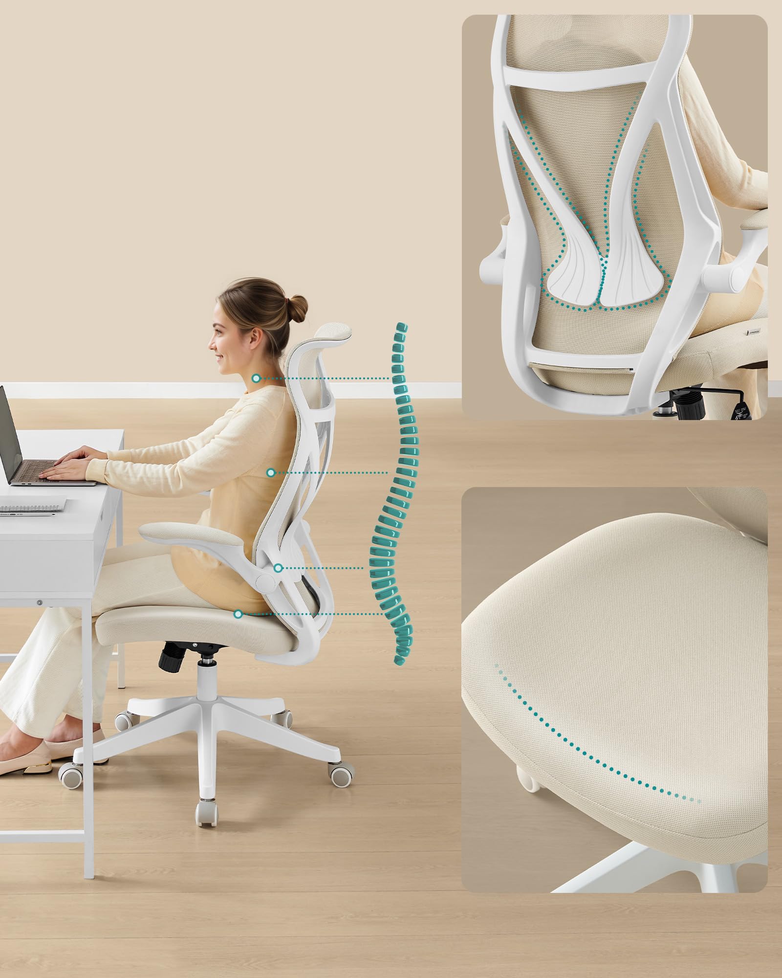 SONGMICS bureaustoel, bureaustoel, ergonomische rugleuning, in hoogte verstelbaar, opklapbare armleuningen, draaistoel met hoofdsteun, draagvermogen tot 150 kg, cappuccino beige OBN088K01