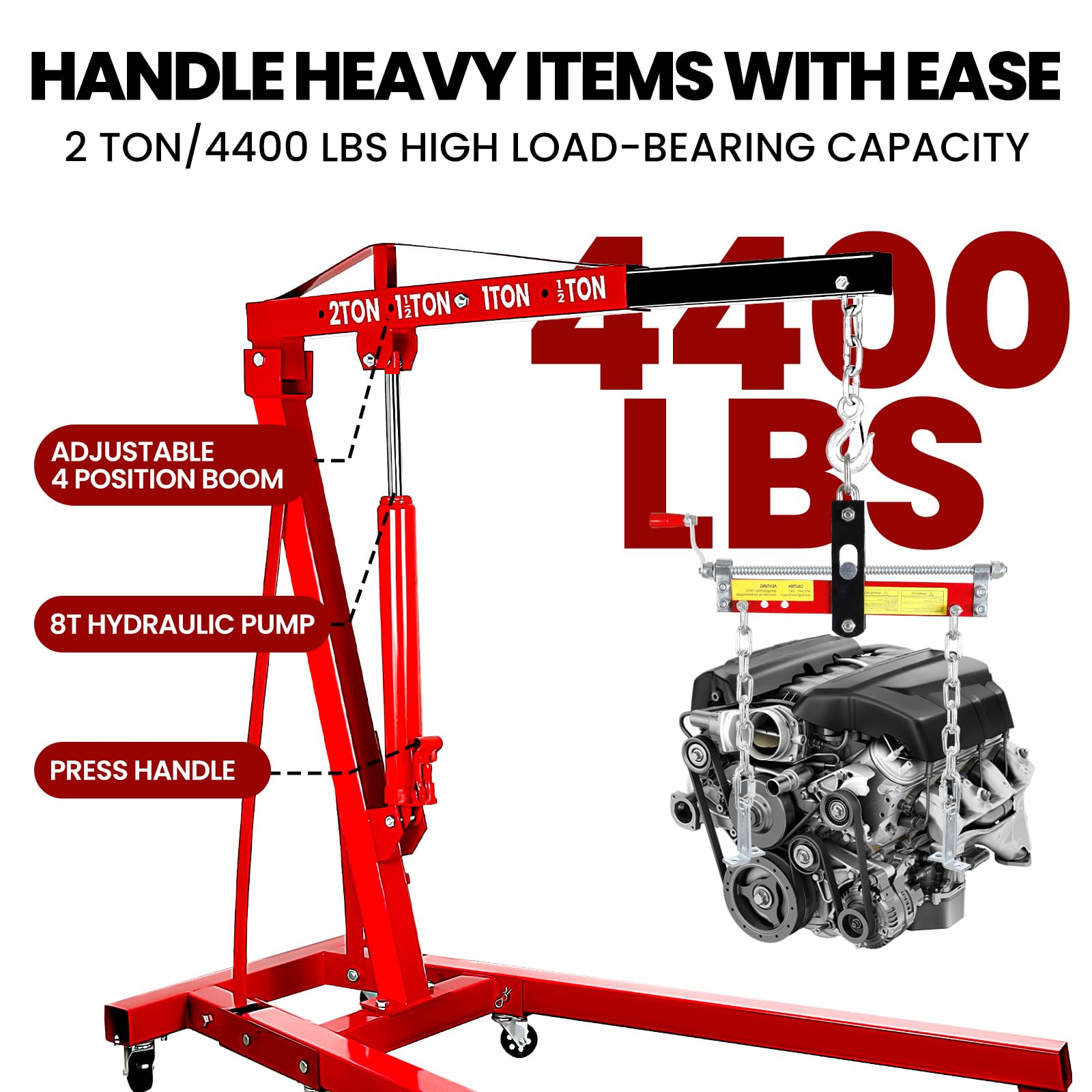 Recolector de cerezas plegable de 4400 libras, elevador de motor de 2 toneladas con palanca, con 6 ruedas, bomba hidráulica de 8 toneladas, 4 posiciones ajustables, grúa de motor para garaje, taller