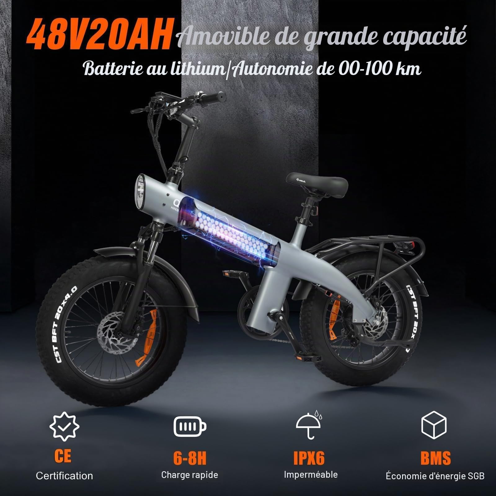 HX Q3 Vélo électrique Homme Femme Ville,20''x4'' Fat E Bike,115Nm,VTT Electrique Adulte,48V 20Ah Batterie Amovible,120KM,Suspension Intégrale & Freins Hydrauliques,7 Vitesses,Porte‑Bagages arrière