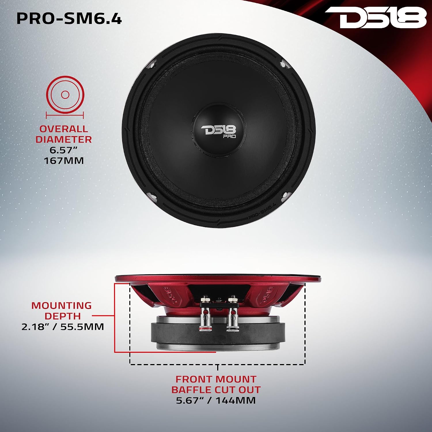 DS18 PRO-SM6.4 Slim Loudspeaker - 6.5", Midrange, Red Steel Basket, 400W Max Power, 200W RMS, 4 Ohms - IP66 Water Resistance, Perfect for Motorcycle Applications