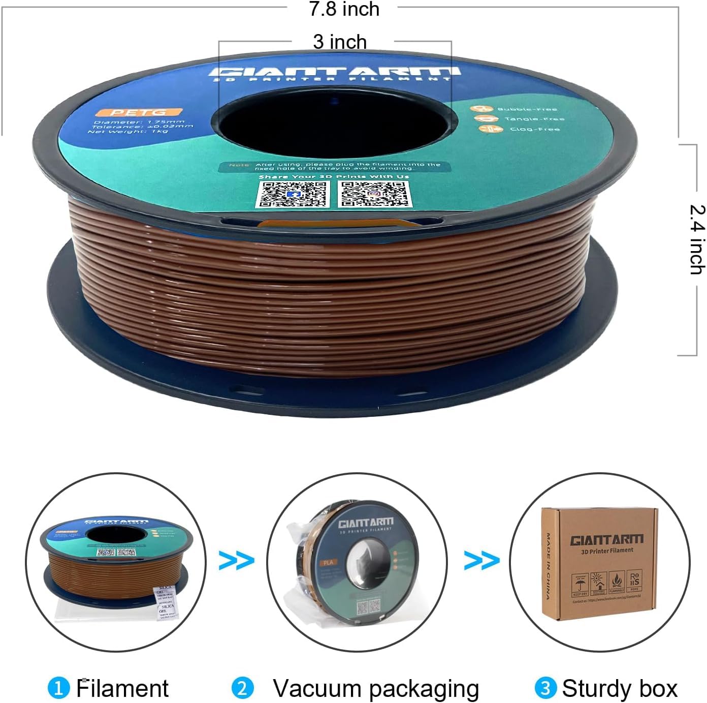 PETG Filament per Stampante 3D, GIANTARM PETG Filament 1,75mm, Dimensional Accuracy +/- 0,2mm 1kg, Marrone