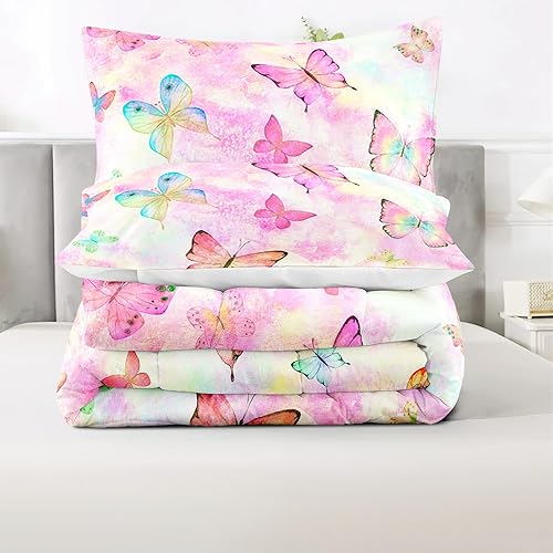 Miniatura 4 de SETWIER - Juego de edredón de mariposa arcoíris tamaño individual, juego de ropa de cama de flores rosas para niños, ultra suave, transpirable,