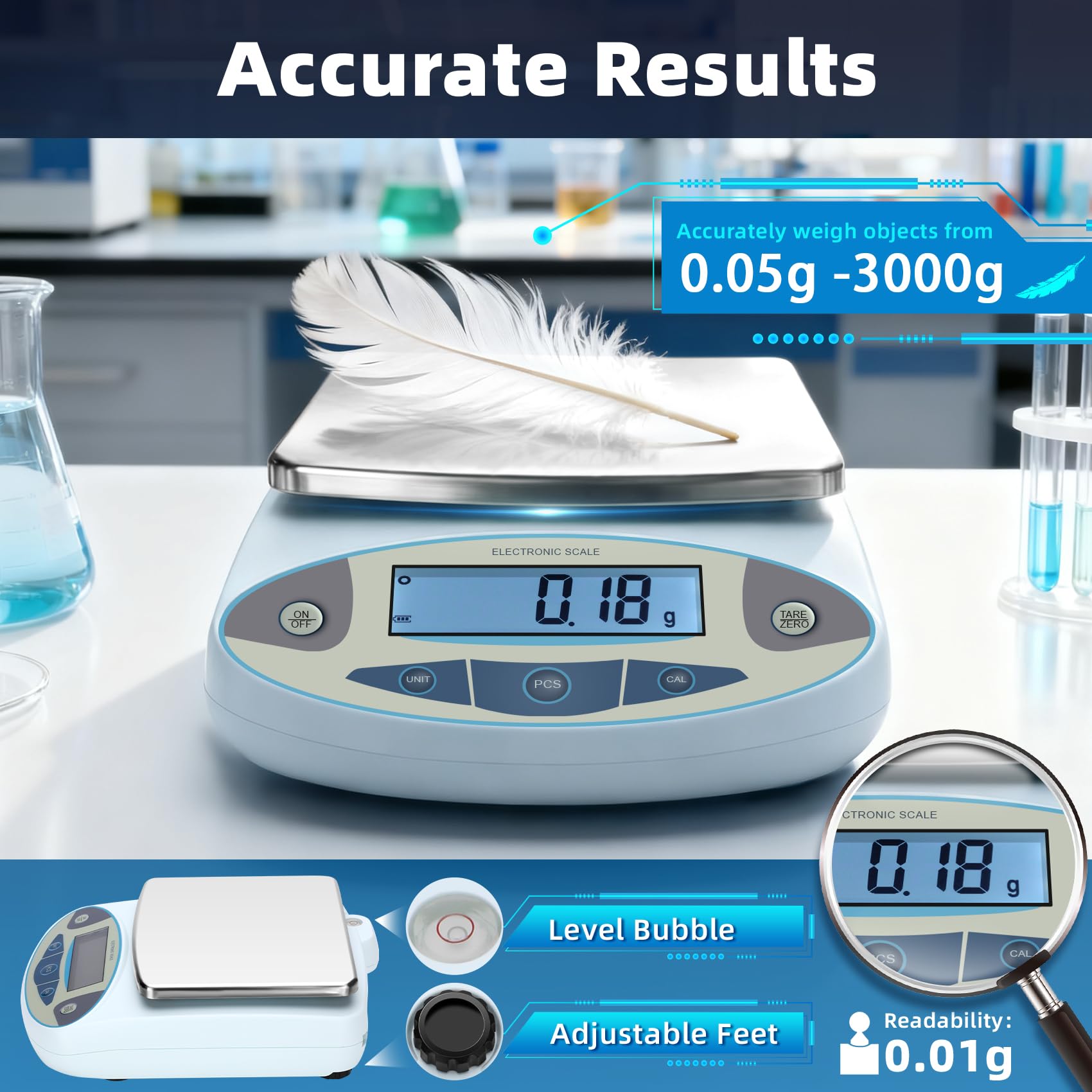 Báscula de laboratorio de 3000 g x 0,01 g, 13 unidades de 0,01 g de precisión, balanza analítica digital de alta precisión, escala electrónica de laboratorio, escala digital para cocina/joyería