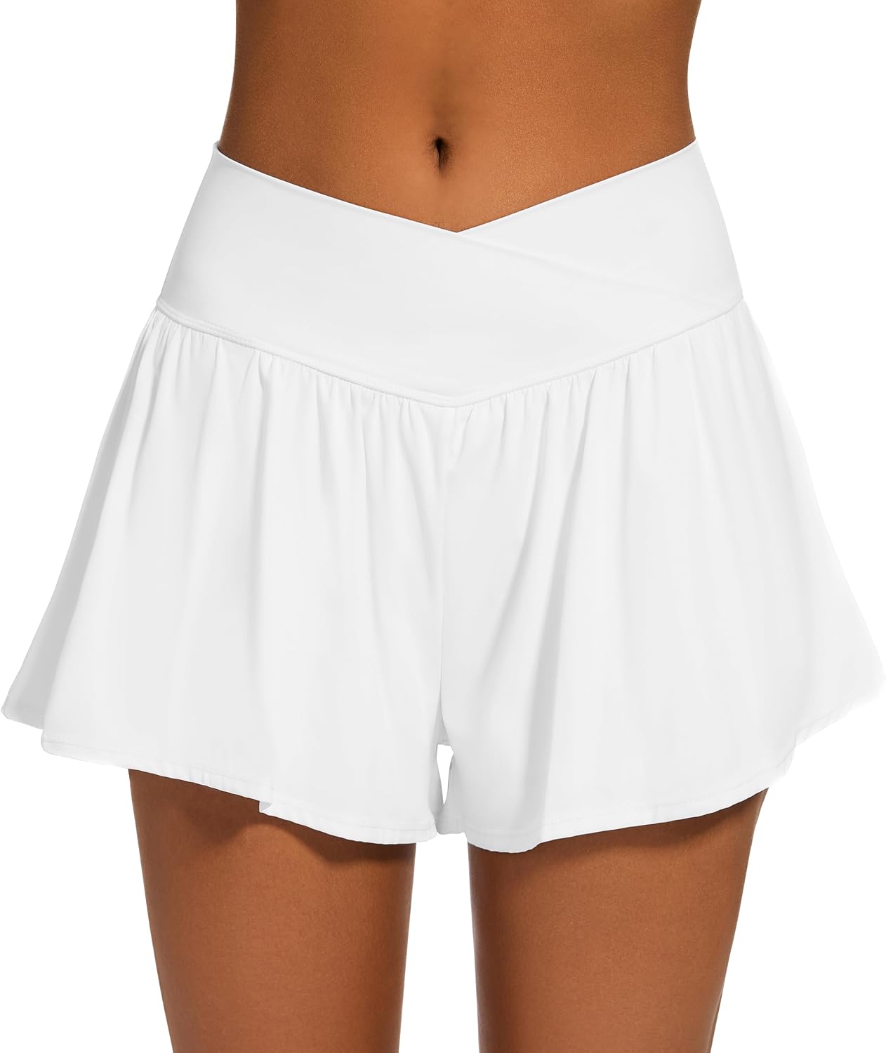 Womens Crossover Athletic Shorts Wide Waistband Flowy Tennis Sports Skorts with Pockets