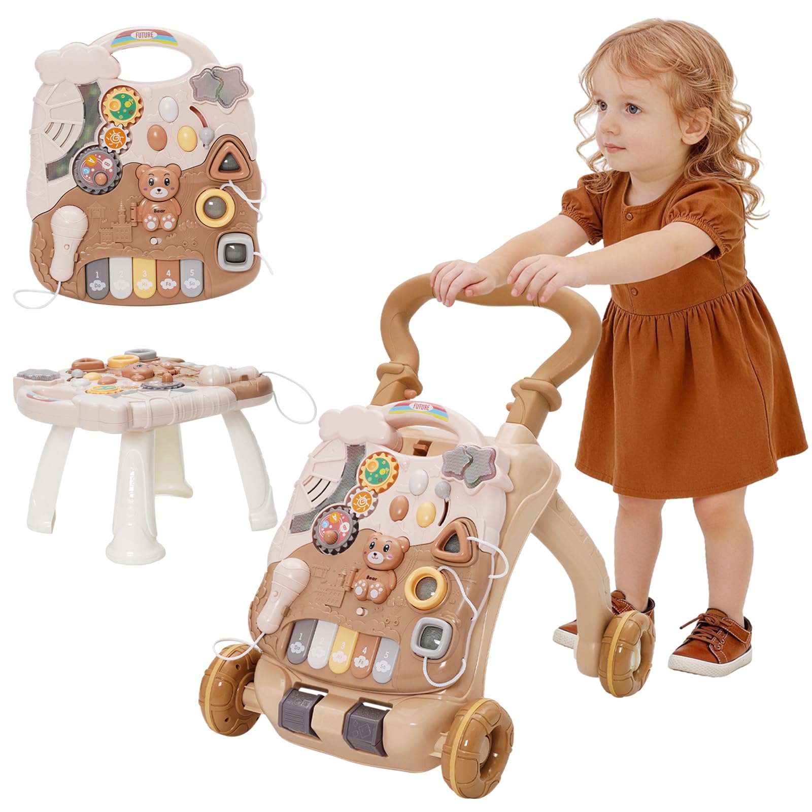 Trotteur Bebe Enfants,Jouet 3 En 1 Pousser pour Bébé avec Musique,Trotteur Marche Détachable avec Vitesse Réglable et Table Activité d'éveil,Chariot de Marche pour Bebe 12+ Mois Garçon et Fille