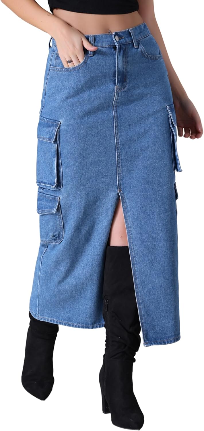 Women's Long Jean Skirts with Slit Elastic Waist Cargo Denim Maxi Skirt