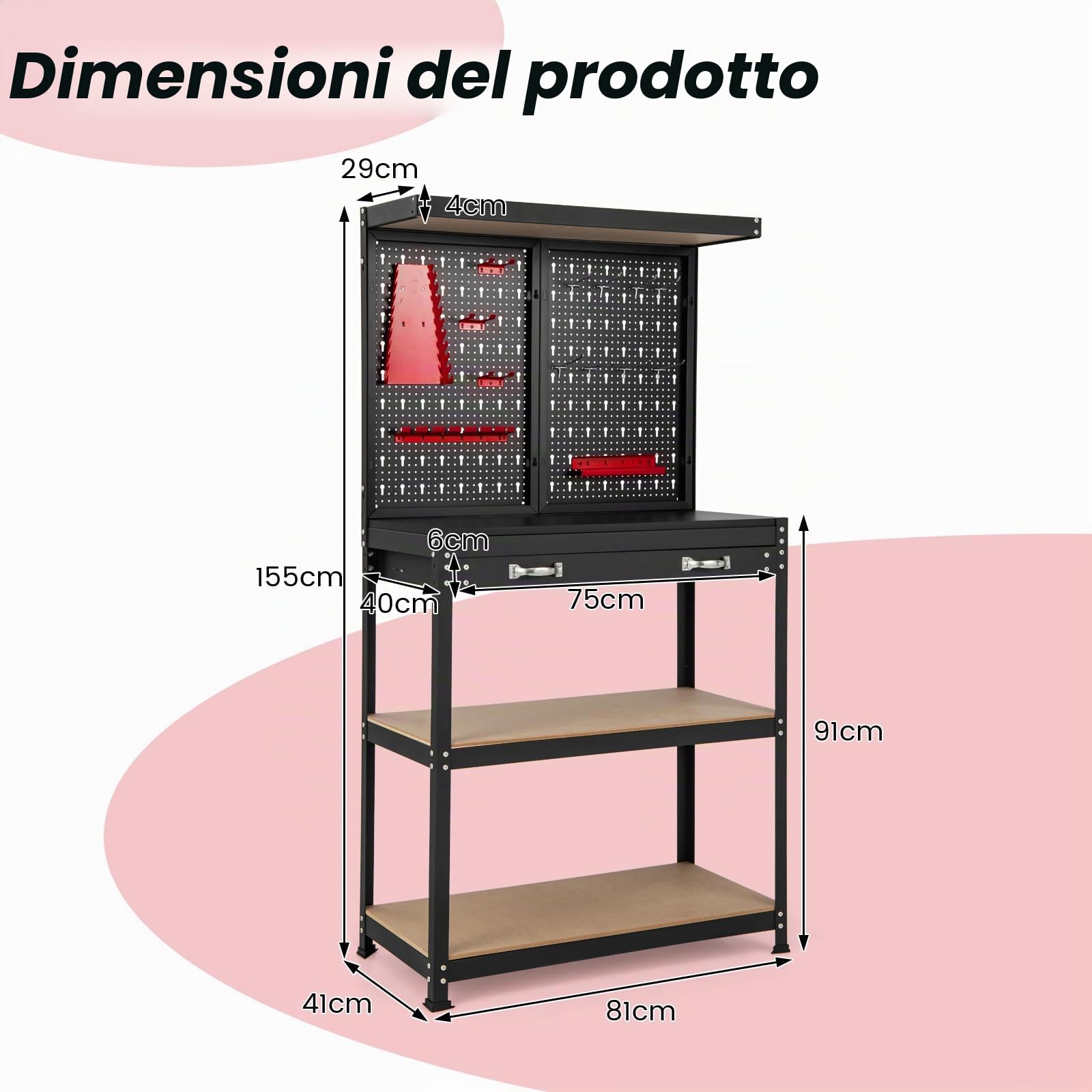 FANTASK Banco da lavoro alto 155 cm, banco attrezzi con parete forata e 13 accessori, tavolo da lavoro con cassetto