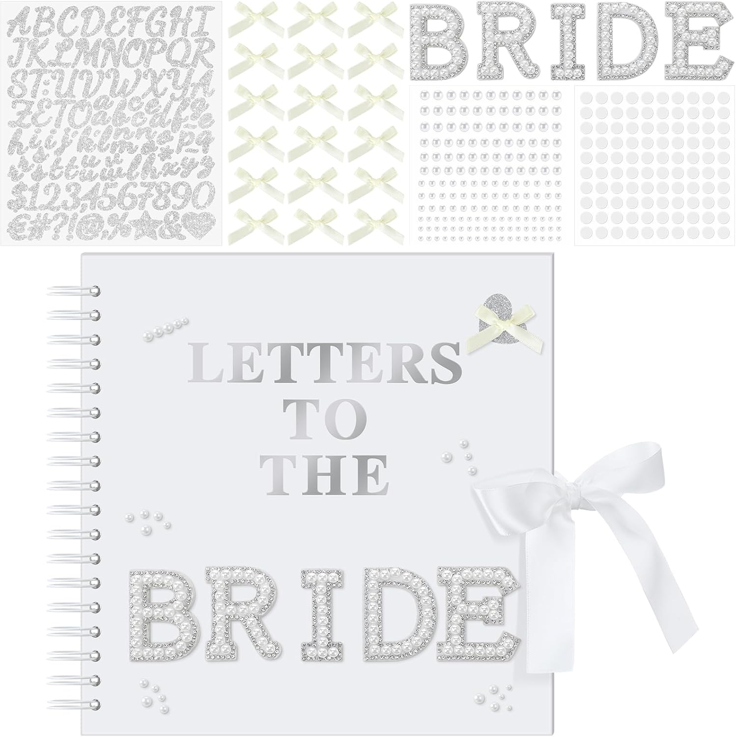 Fuyoooo 12 x 12 Inch Letters to The Bride Scrapbook Wedding Memory Book Bridal DIY Blank Paper Scrapbook Photo Album Guest Book Sign with Pearl Stickers, Metallic Letters, Bows(White)