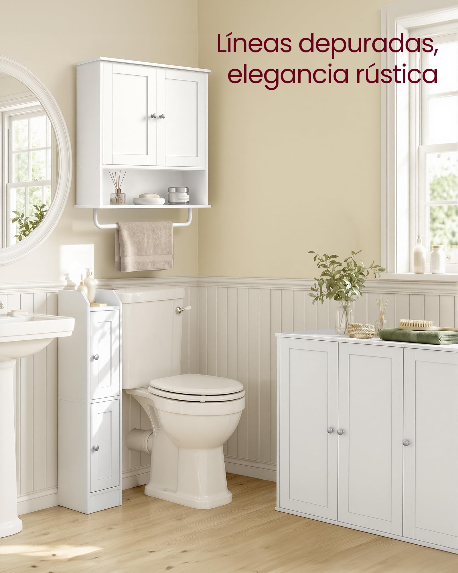 VASAGLE Siren Colección - Mueble de Baño Colgante con Barra para Toallas, Armario de Pared con Estante Abierto, Estante Ajustable y Puertas, Estilo Rústico, Blanco Nube BBK149WB01