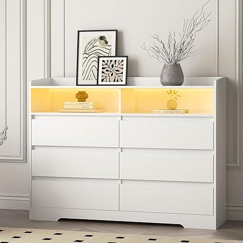 GOSROMS Cómoda doble blanca de 6 cajones, cajoneras decorativas con luz LED, cómoda de almacenamiento blanca moderna para dormitorio, habitación de