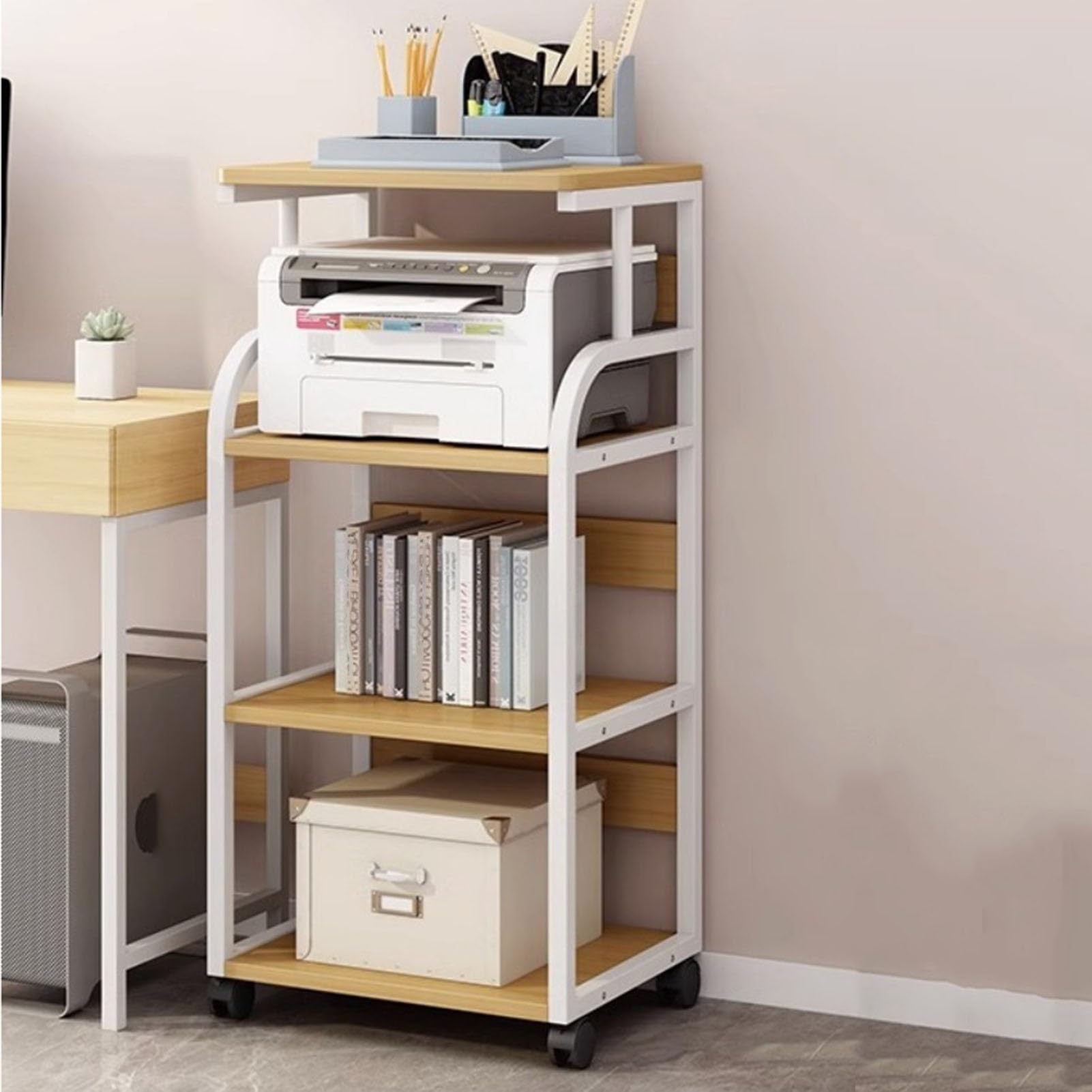 Druckerständer, 4-stufiges bodenstehendes Lagerregal, Home-Office-Schreibtisch-Organizer, Lagerregale mit Holztrennwänden for den Schreibtisch im Home-Office(White)