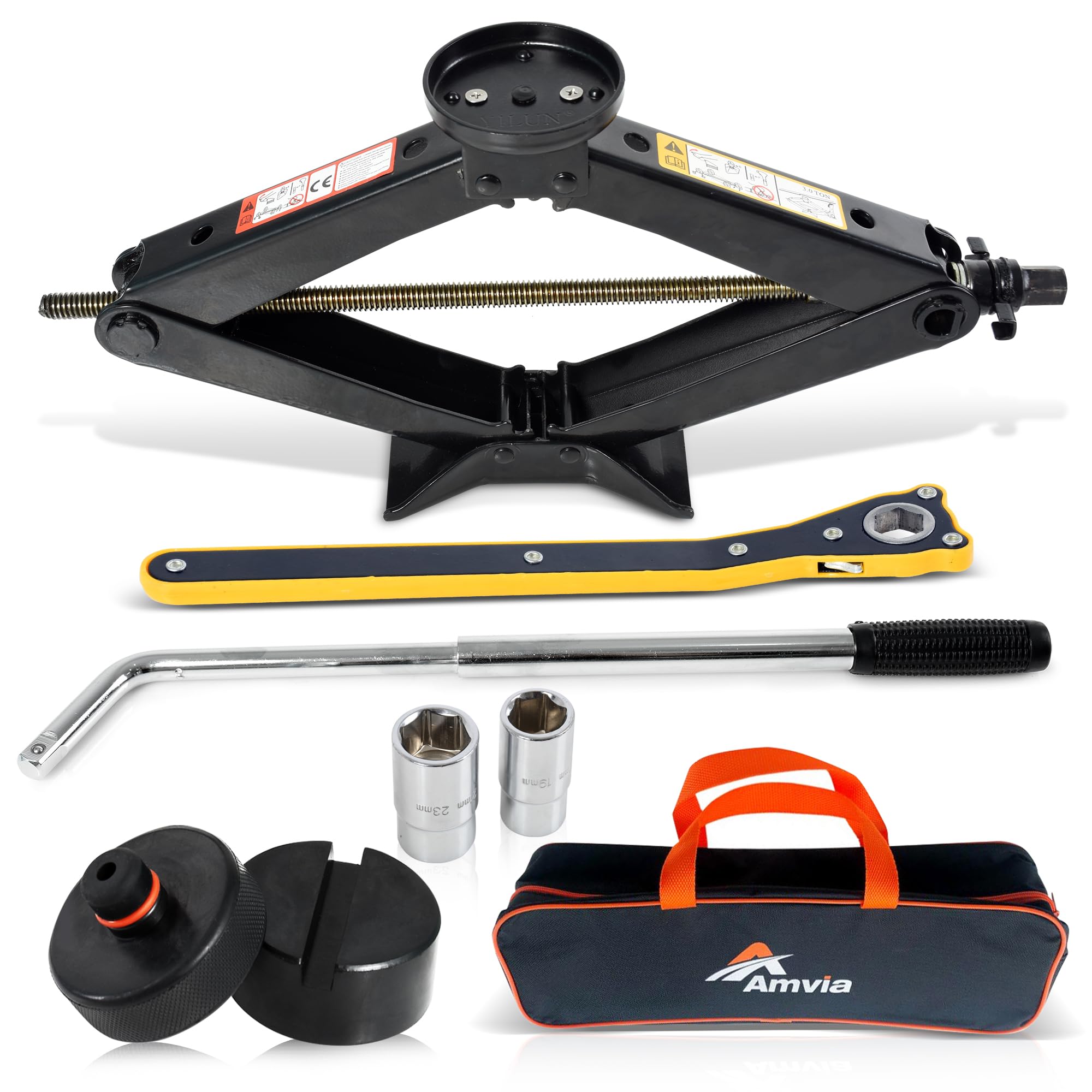 Kit de Gato para Coche con Pad Tesla y Pad de Goma Universal 3 Toneladas (3000 kgs) | Gato de Tijera para Coche - Kit de Herramientas para Cambio de Neumáticos | Portátil, Ideal para SUV y Coches