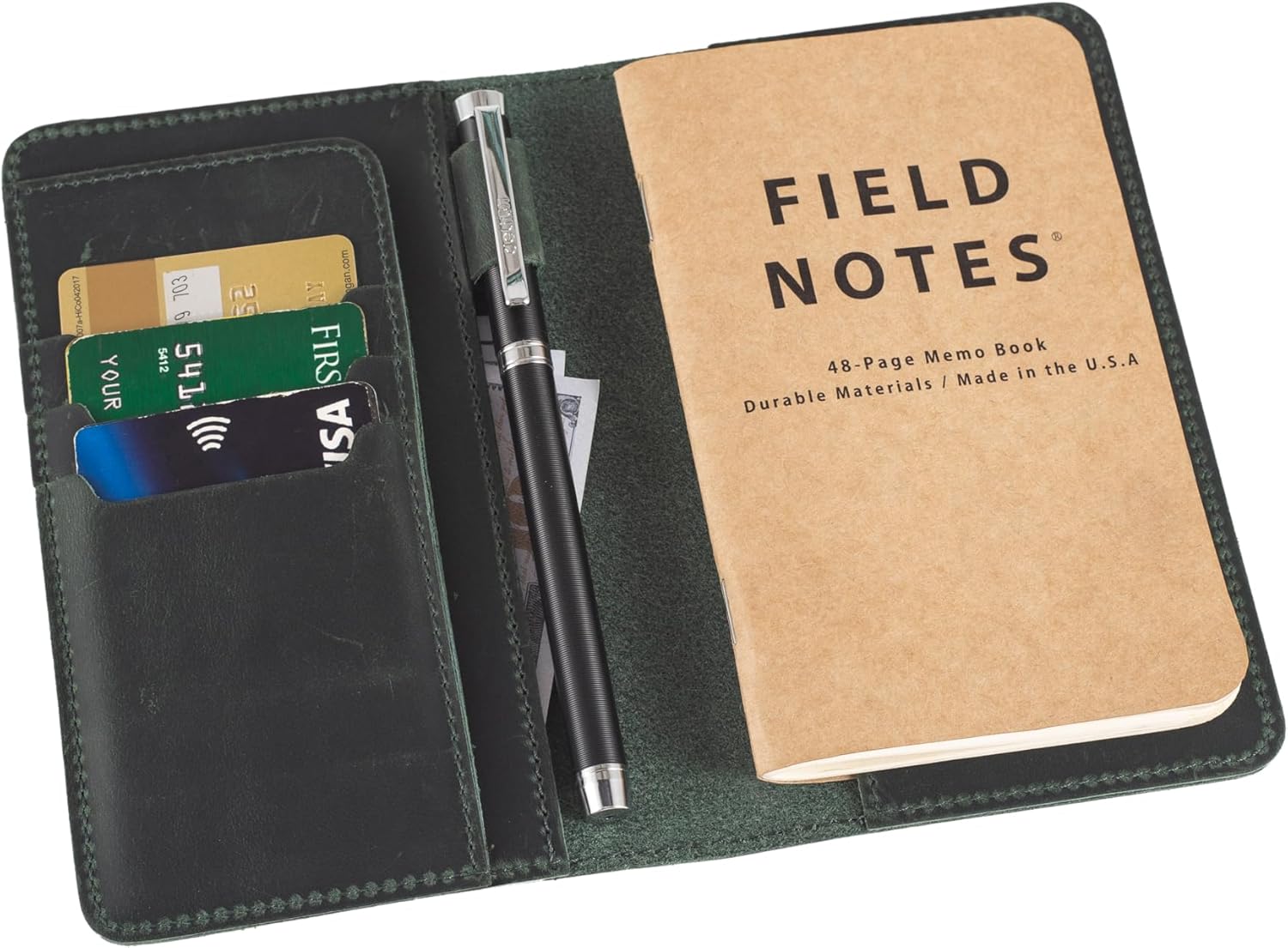 D Genuine Leather Cover for Field Notes Moleskine Cahier Handmade Travel Journal Cover with Pen Loop Pocket Size for 3.5" x 5.5" Notebooks (Emerald Green)
