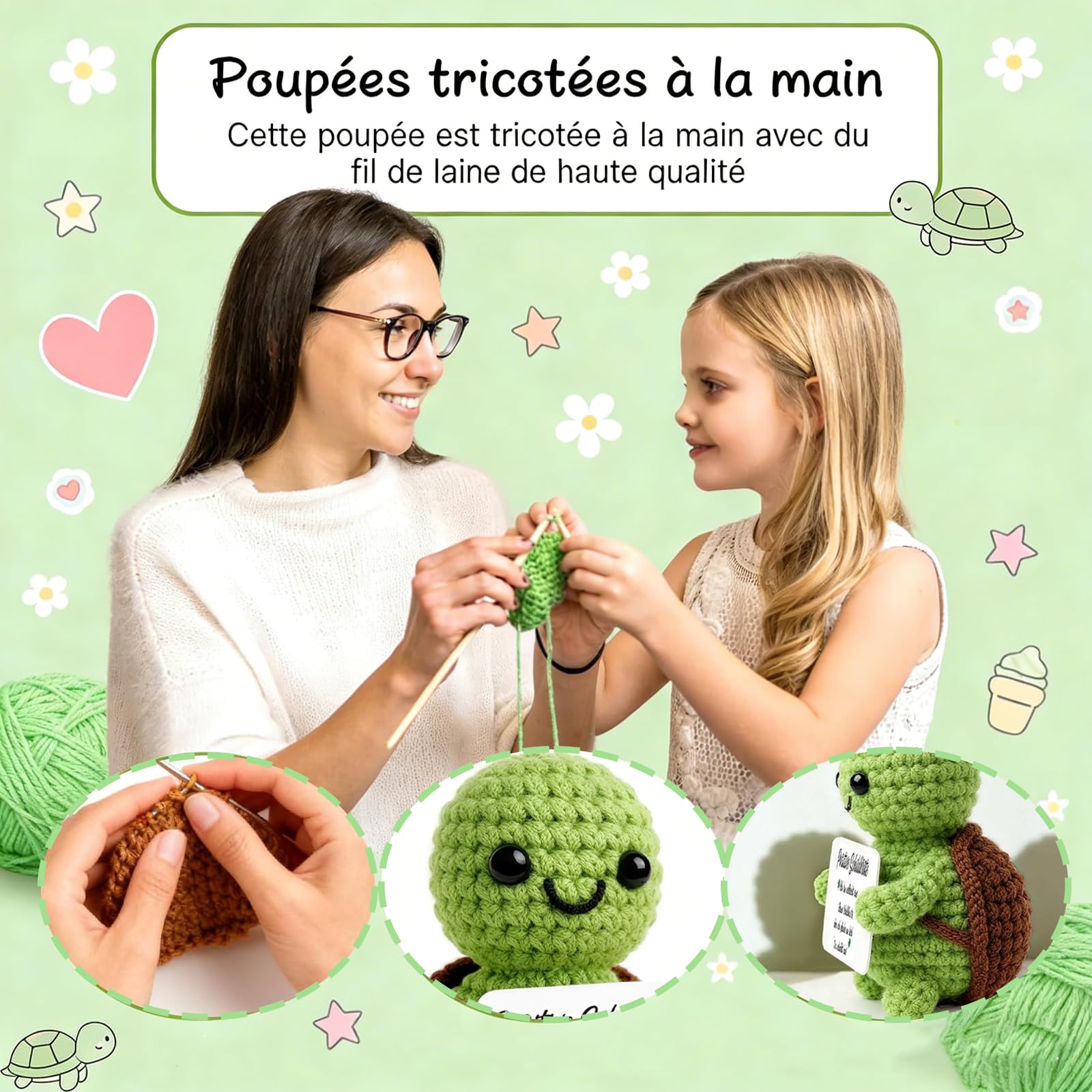 Set Cadeau Maman : Tortue Poupée Positive en Crochet avec Porte Clef Câlin de Poche, Tortue Peluche Positive en Français, Cadeau Mère Original pour Anniversaire, Fête des Mères (Mama) - 5