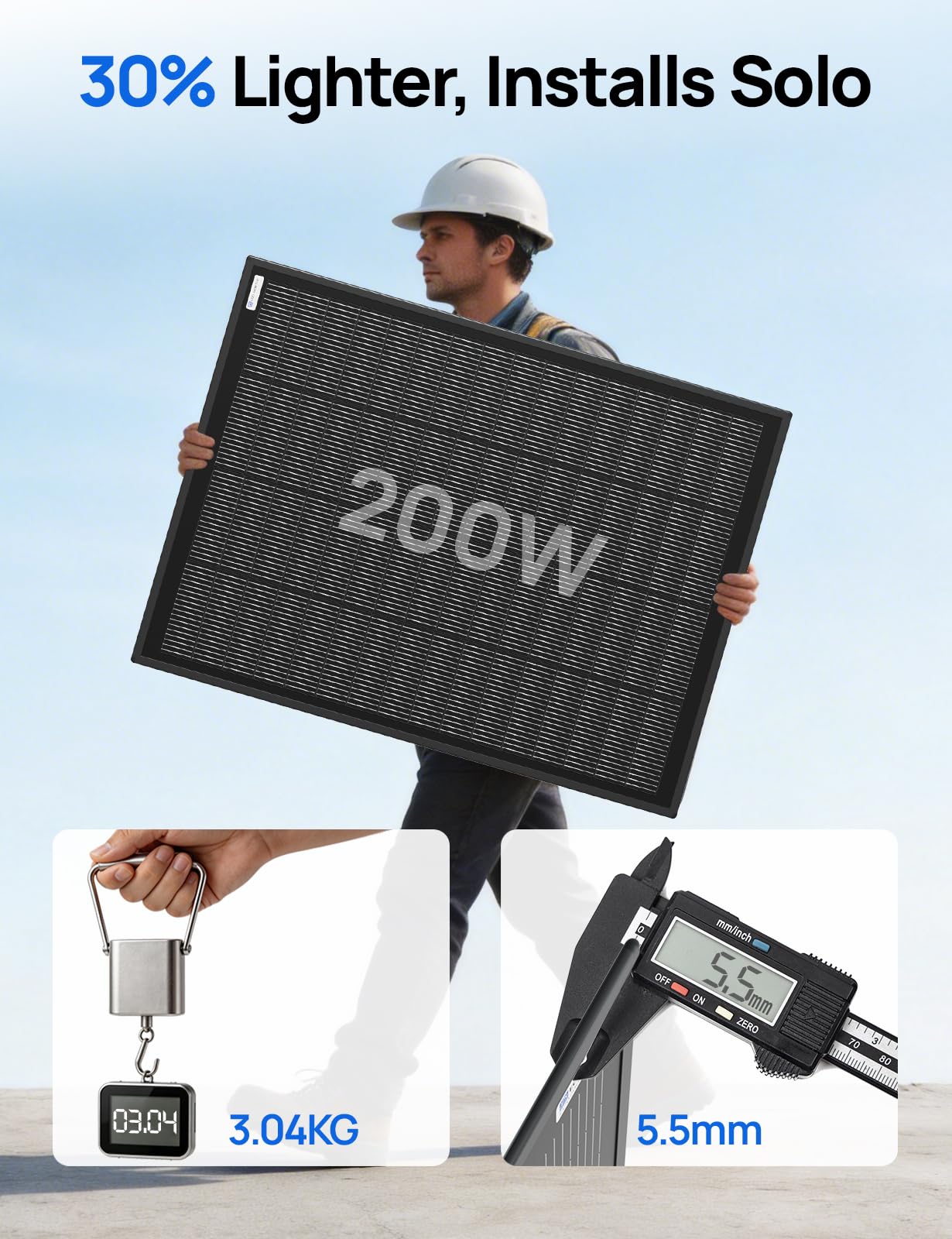 ECO-WORTHY Lekki panel słoneczny 400 W z uchwytem, 2 sztuki, monokrystaliczny moduł solarny 200 W, idealny do ładowania baterii, na balkon, do ogrodu, na kemping, łódź i dach domu