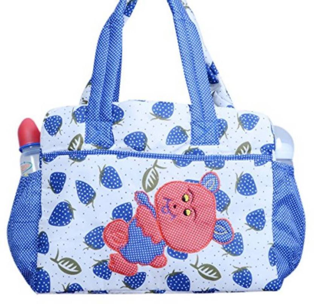 Good Luck New Born Baby Multipurpose Mother Bag with Multi Compartment for Baby Care and Mama Shoulder Bag Cotton Fabric (Teddy Blue White Red,Pack of 1)