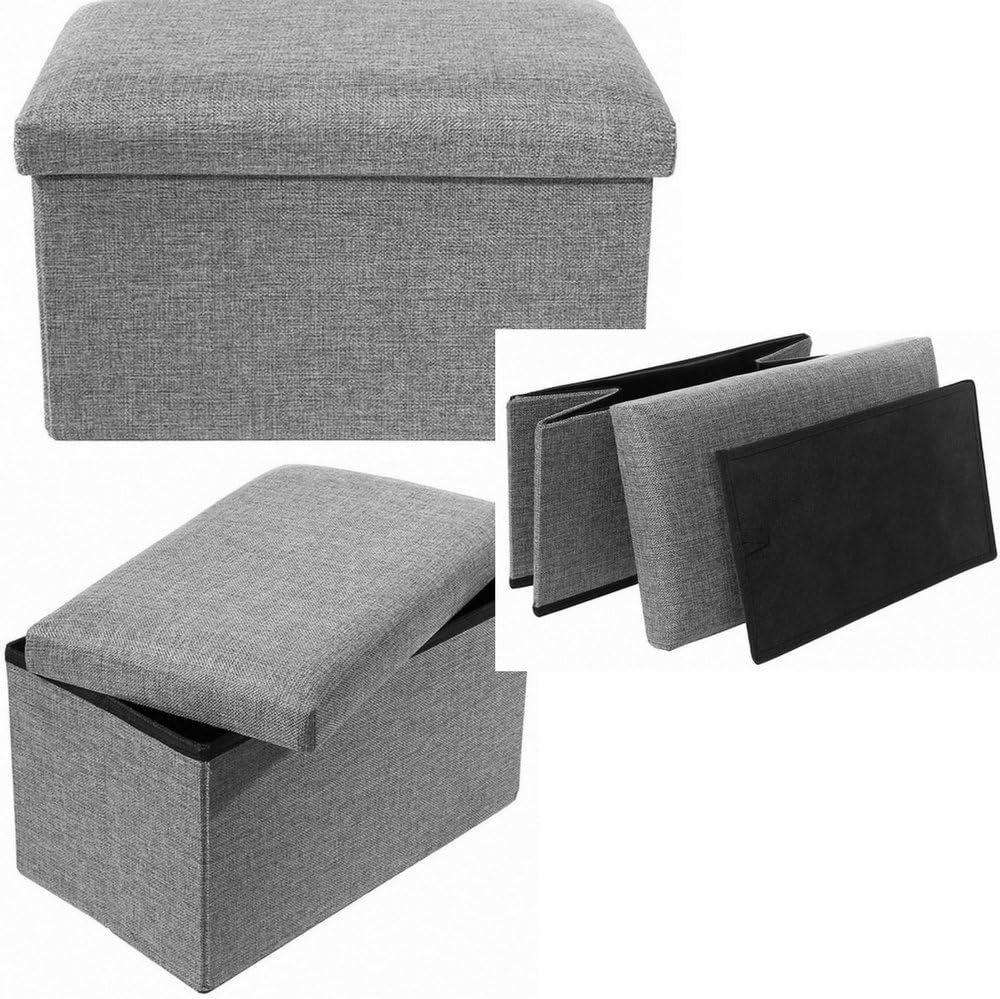 EFD Collapsible Storage Ottoman with Lid Grey Faux Linen