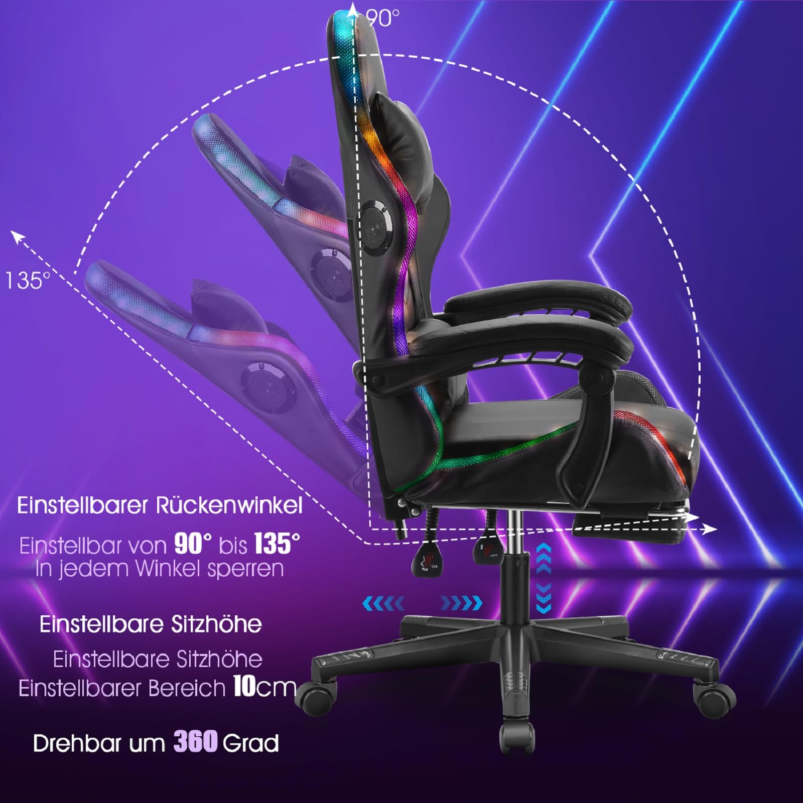 Ergonomischer Gaming Stuhl mit Lautsprechern & LED-Beleuchtung, Verstellbarer PC Stuhl mit Fußstütze, Kopfstütze & Armlehnen, PU-Leder Schreibtischstuhl für Büro & Zuhause, Schwarz